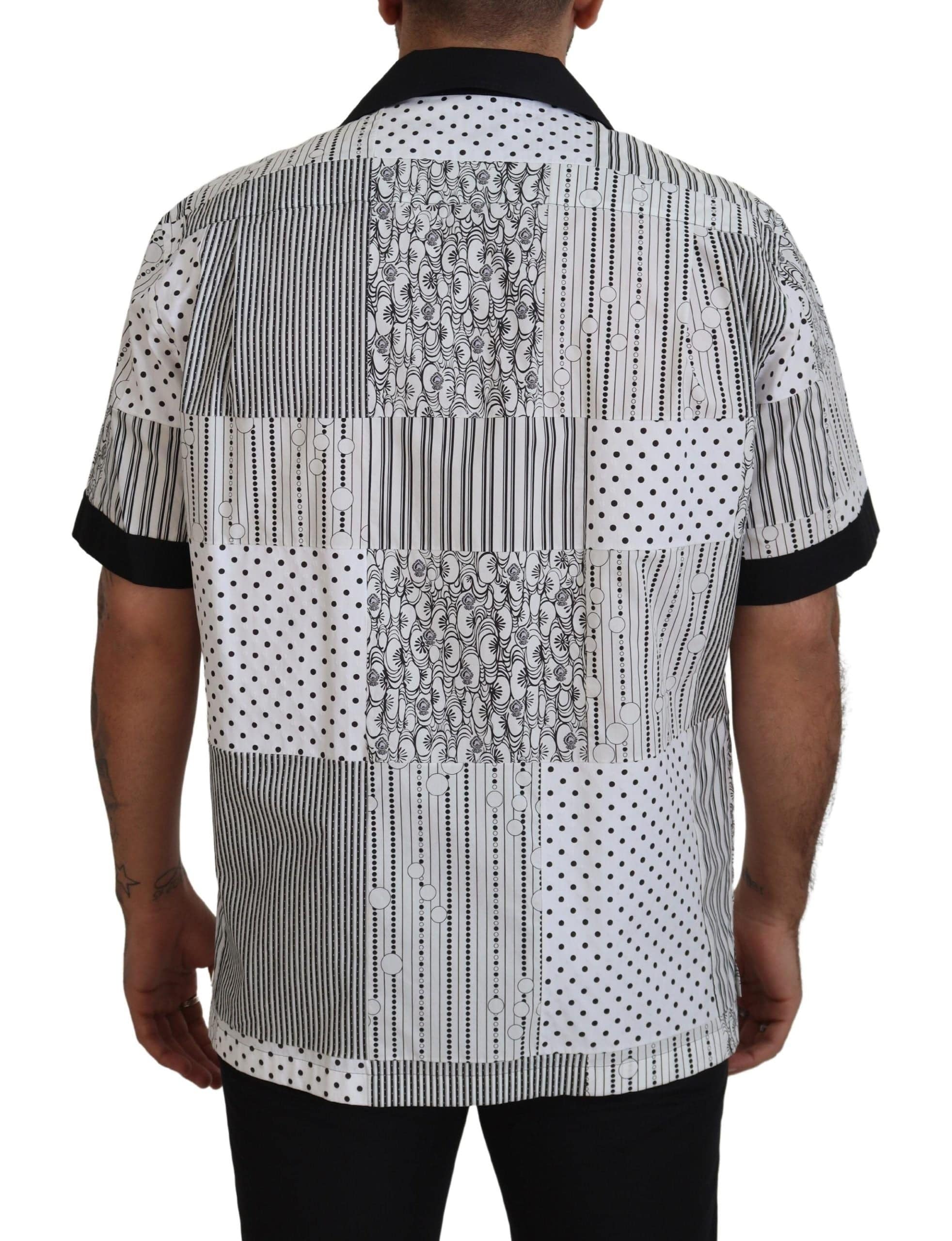 Chemise à boutons Dolce & Gabbana blanche et noire à motif, vêtement élégant en coton pour homme.