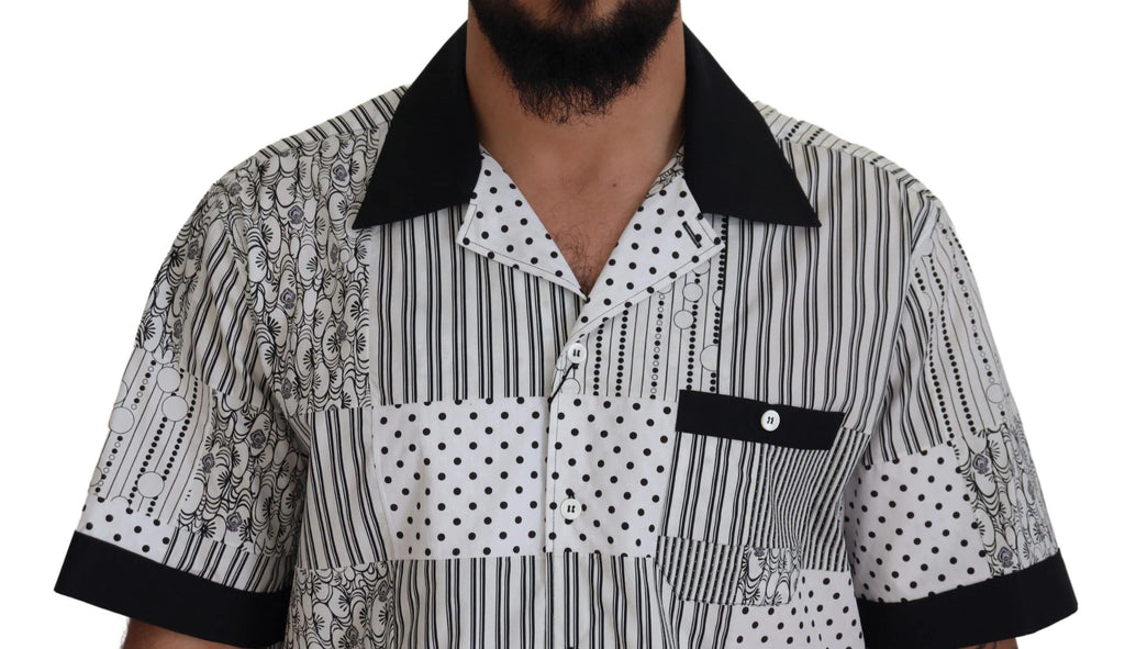 Chemise Dolce & Gabbana blanche et noire à motif à boutons, vue de face, vêtement élégante pour homme.
