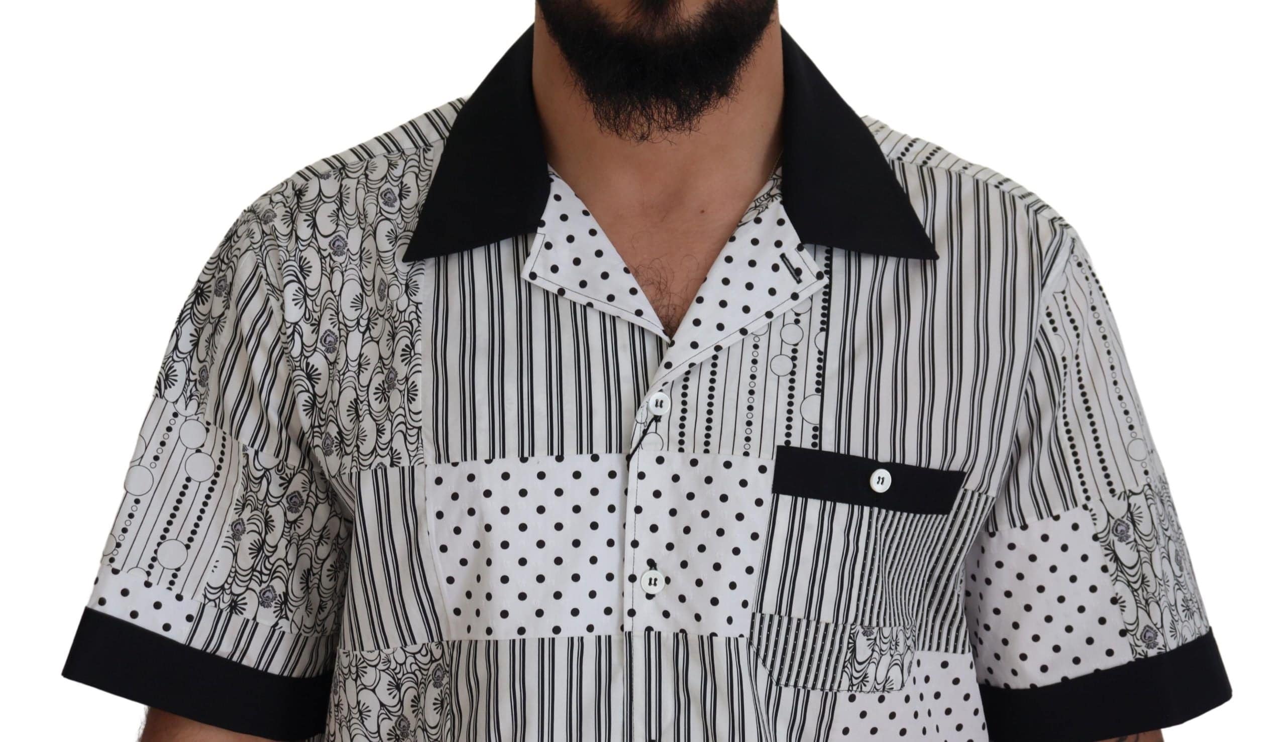 Chemise Dolce & Gabbana blanche et noire à motif à boutons, vue de face, vêtement élégante pour homme.