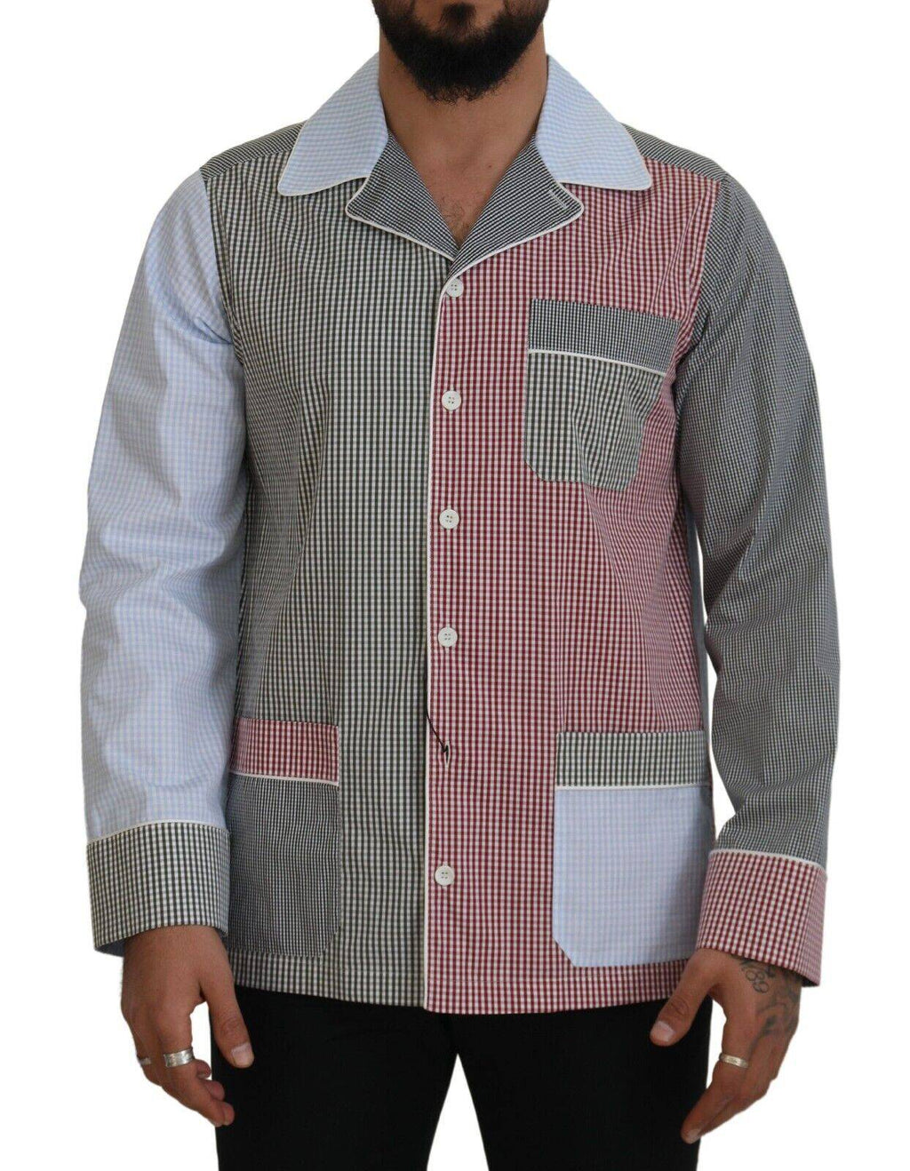 Chemise à manches longues Dolce & Gabbana en coton à patchwork multicolore, détails colorés et style élégant.