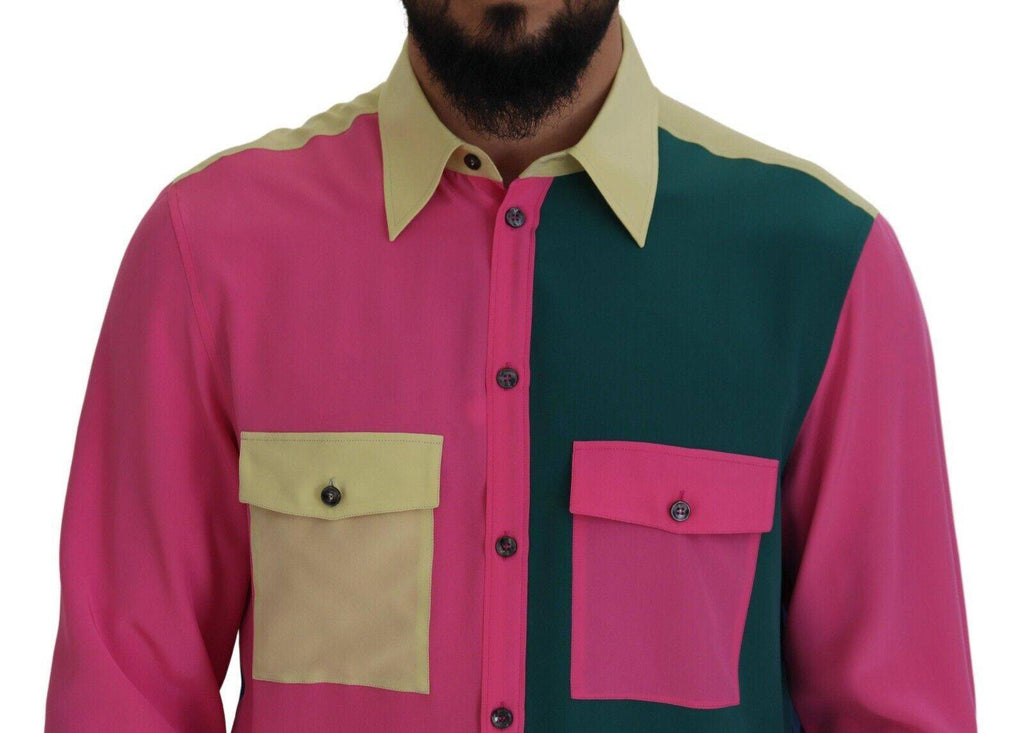 Chemise en soie à patchwork multicolore de Dolce & Gabbana avec boutons, motif coloré et style élégant.