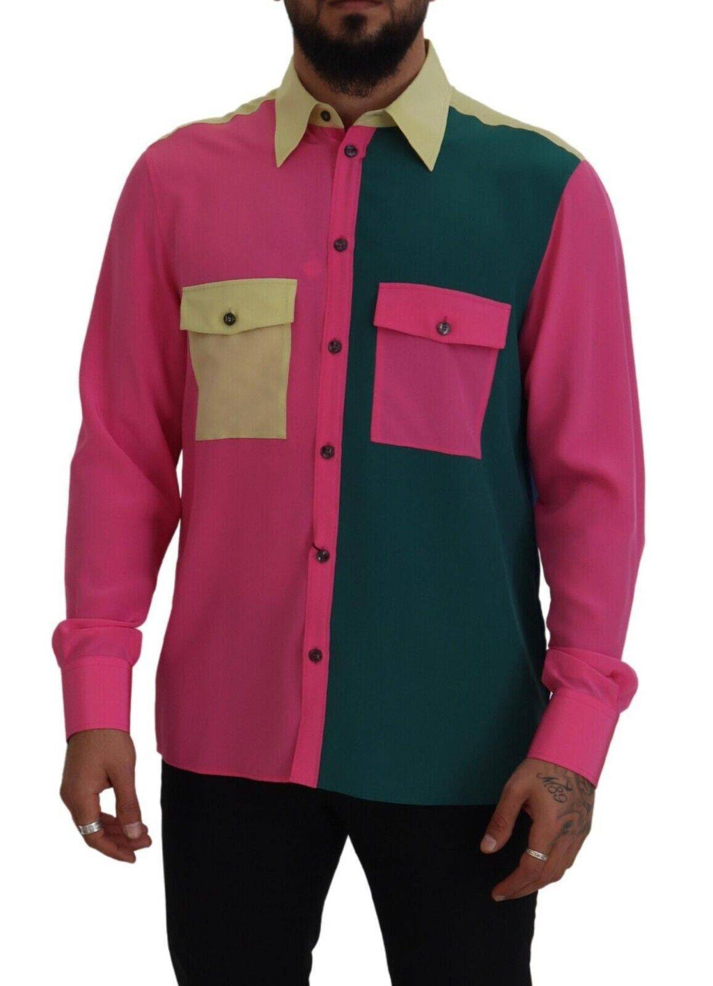 Chemise Dolce & Gabbana en soie à patchwork multicolore avec boutons, vue de face.