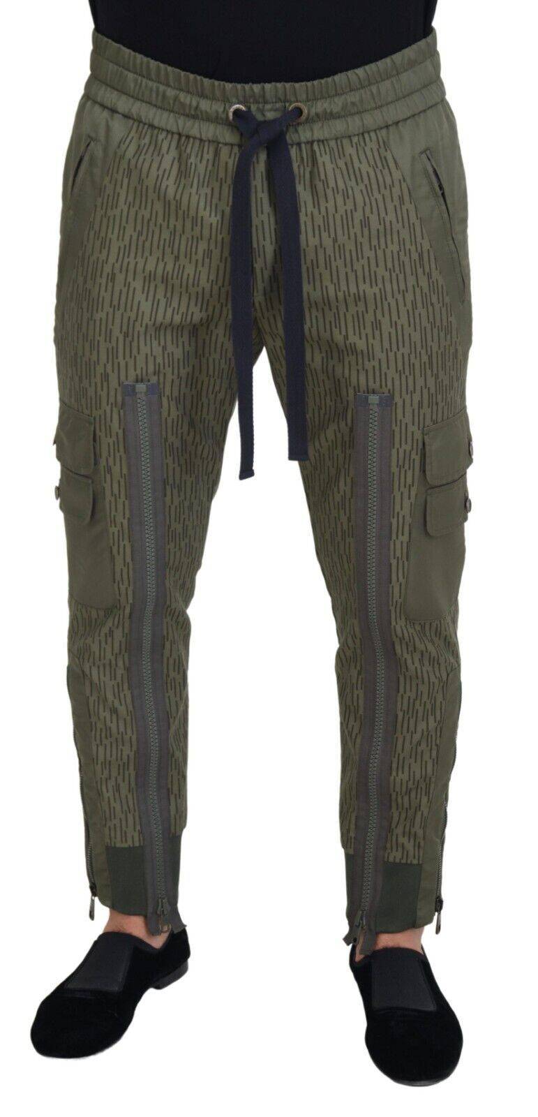 Pantalon cargo vert à rayures Dolce & Gabbana pour homme avec zips sur les jambes, style décontracté et tendance.