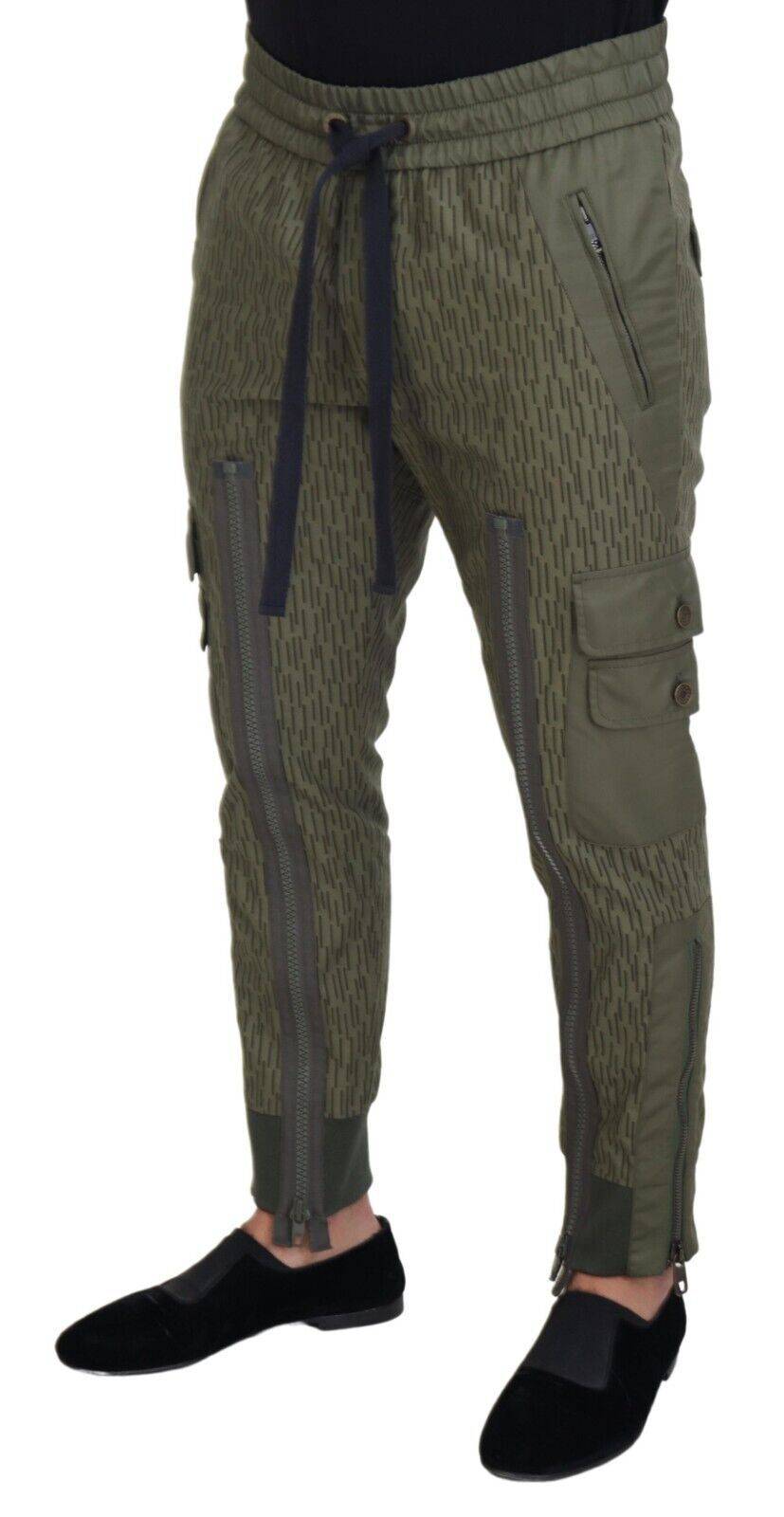 Pantalon cargo vert à rayures Dolce & Gabbana avec fermeture éclair pour homme, jambes décontractées et style moderne.