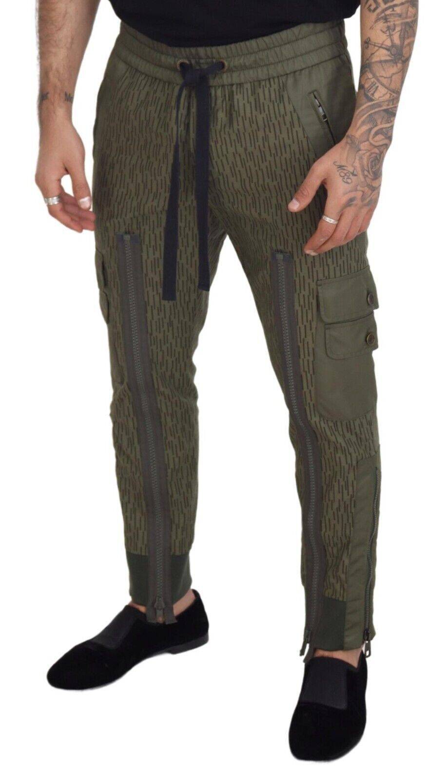 Pantalon cargo homme Dolce & Gabbana vert à rayures avec zips sur les jambes, style décontracté et moderne.