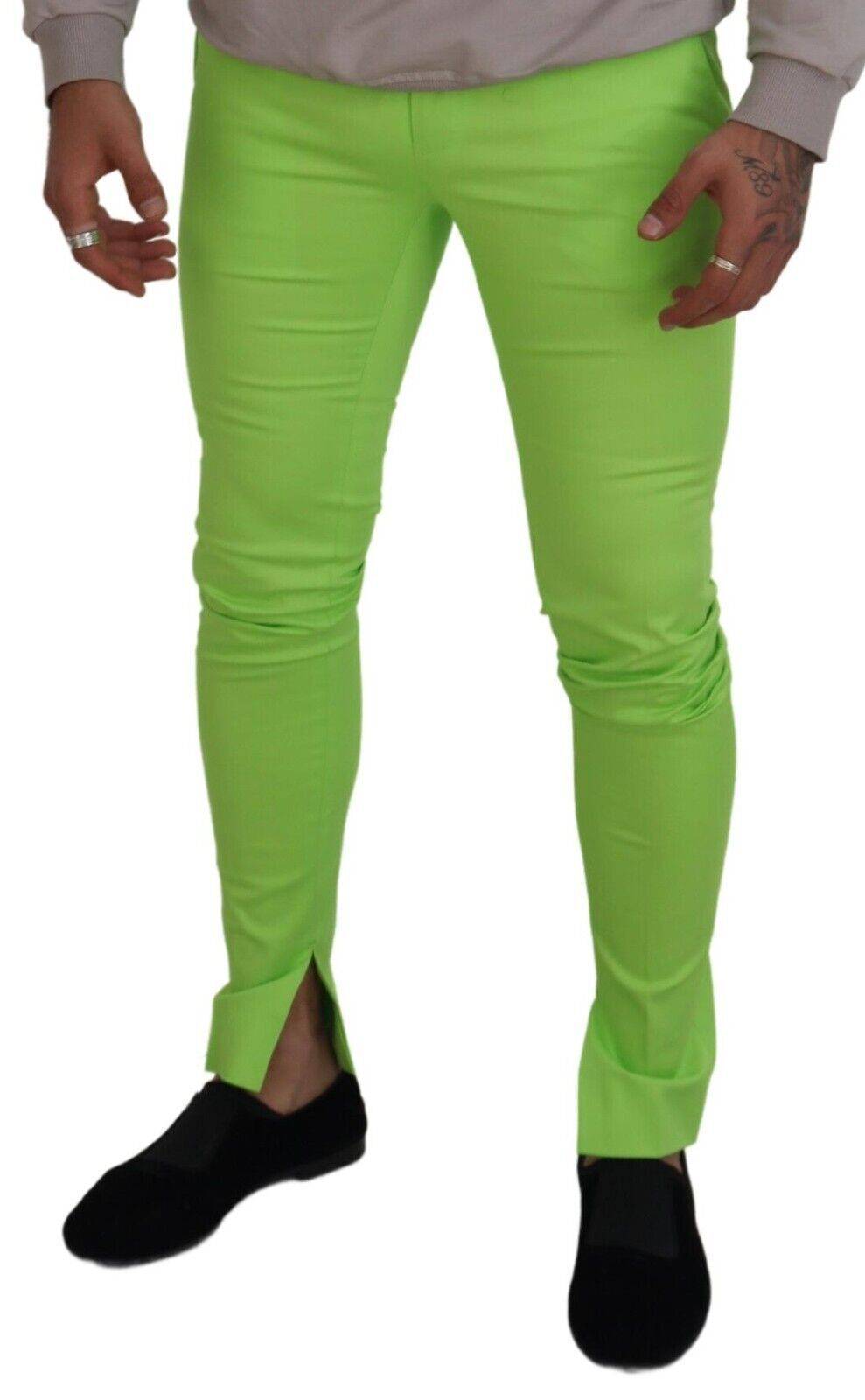 Pantalons homme en coton vert clair Dolce & Gabbana, coupe skinny, détails élégants et style moderne.