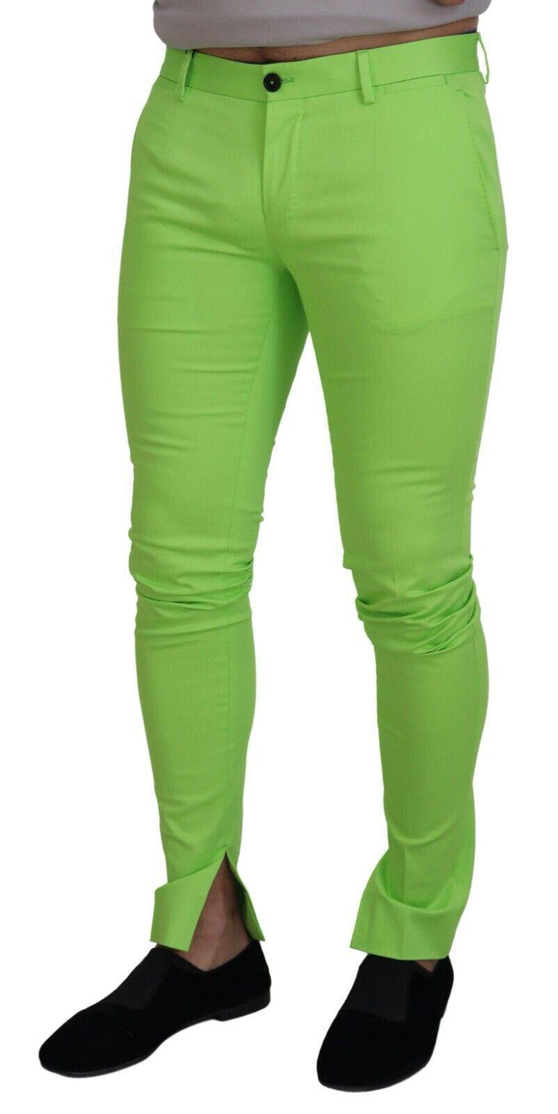 Pantalon homme en coton vert clair Dolce & Gabbana, coupe skinny, style élégant, visible en détail dans l'image.