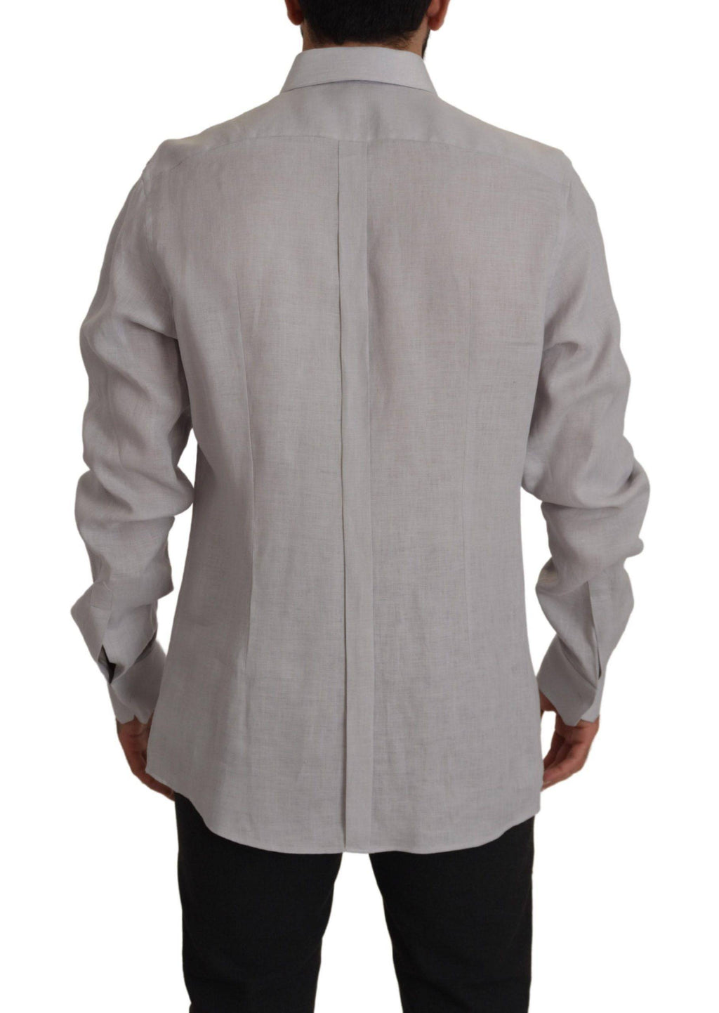 Chemise formelle en lin gris de Dolce & Gabbana avec manches longues et détails dorés, élégante et sophistiquée.