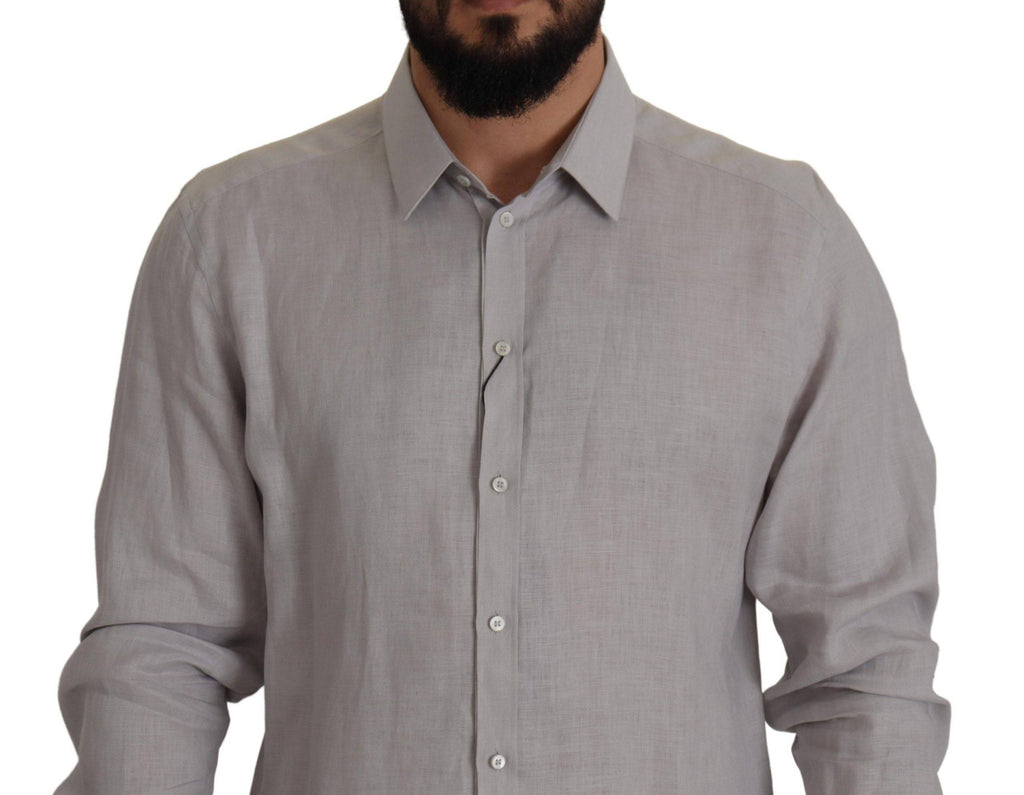 Chemise longue en lin gris Dolce & Gabbana avec manches longues et détails dorés pour une tenue élégante formelle.