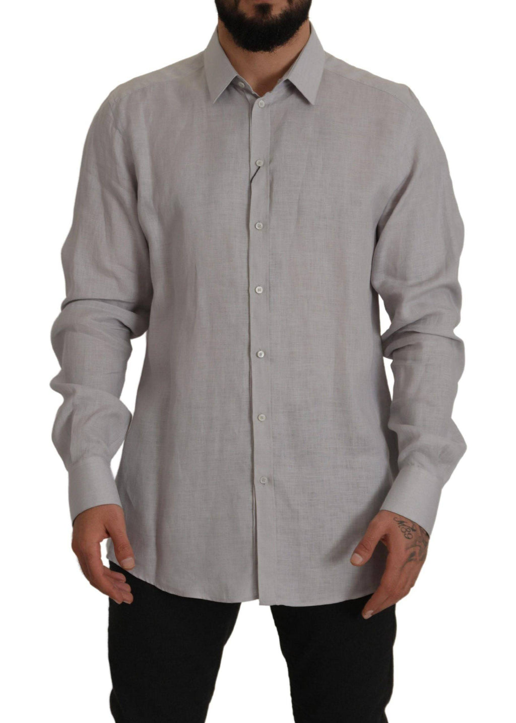 Chemise formelle en lin gris Dolce & Gabbana avec manches longues et détails dorés élégants.