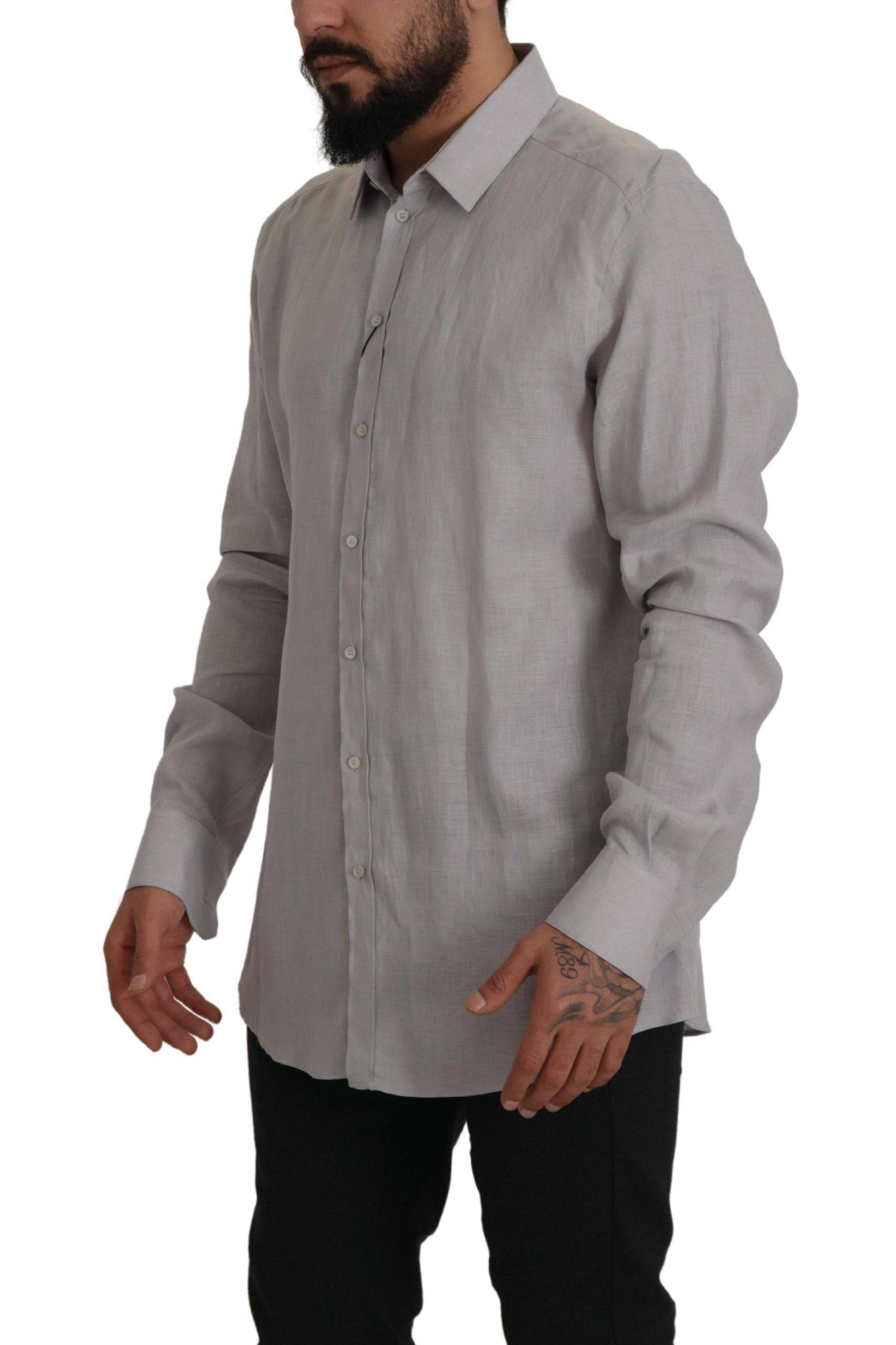 Chemise formelle en lin gris Dolce & Gabbana à manches longues avec détails dorés, élégante et sophistiquée