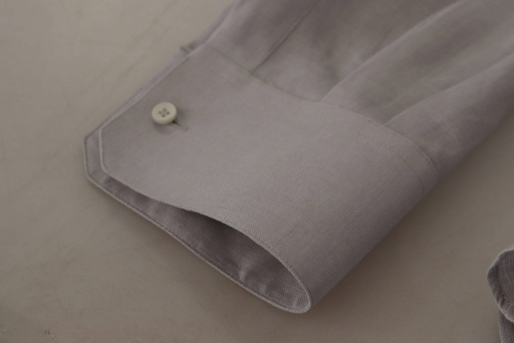 Chemise longue en lin gris Dolce & Gabbana à manches longues pour occasion formelle, avec détails dorés.
