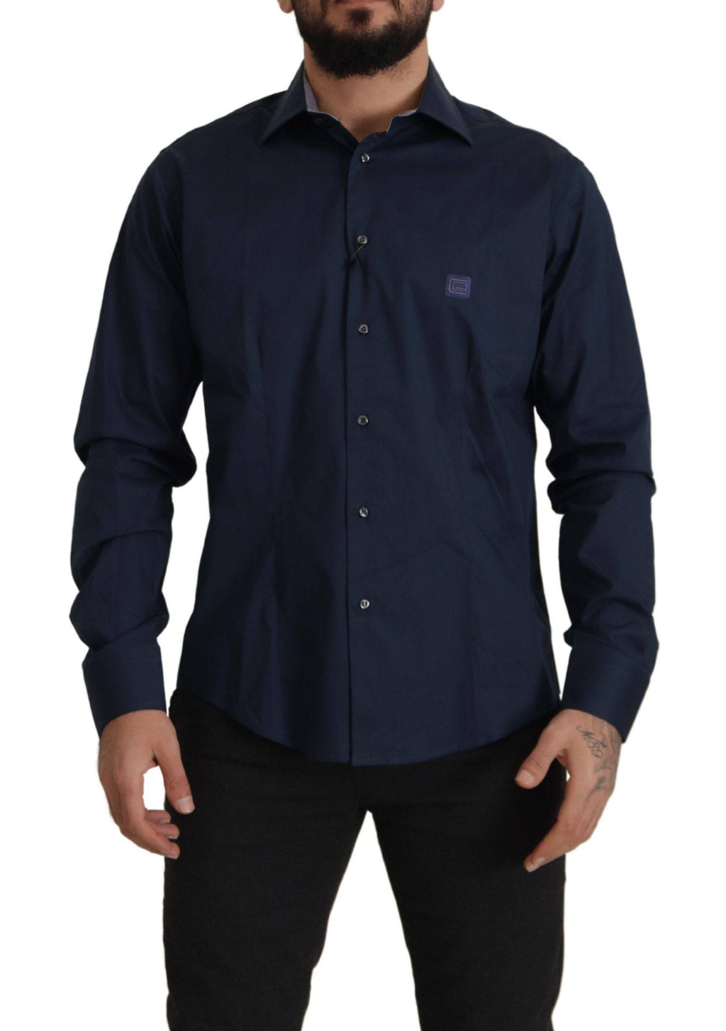 Chemise formelle en coton bleu marine Roberto Cavalli, vue en gros plan sur le tissu et la coupe élégante.