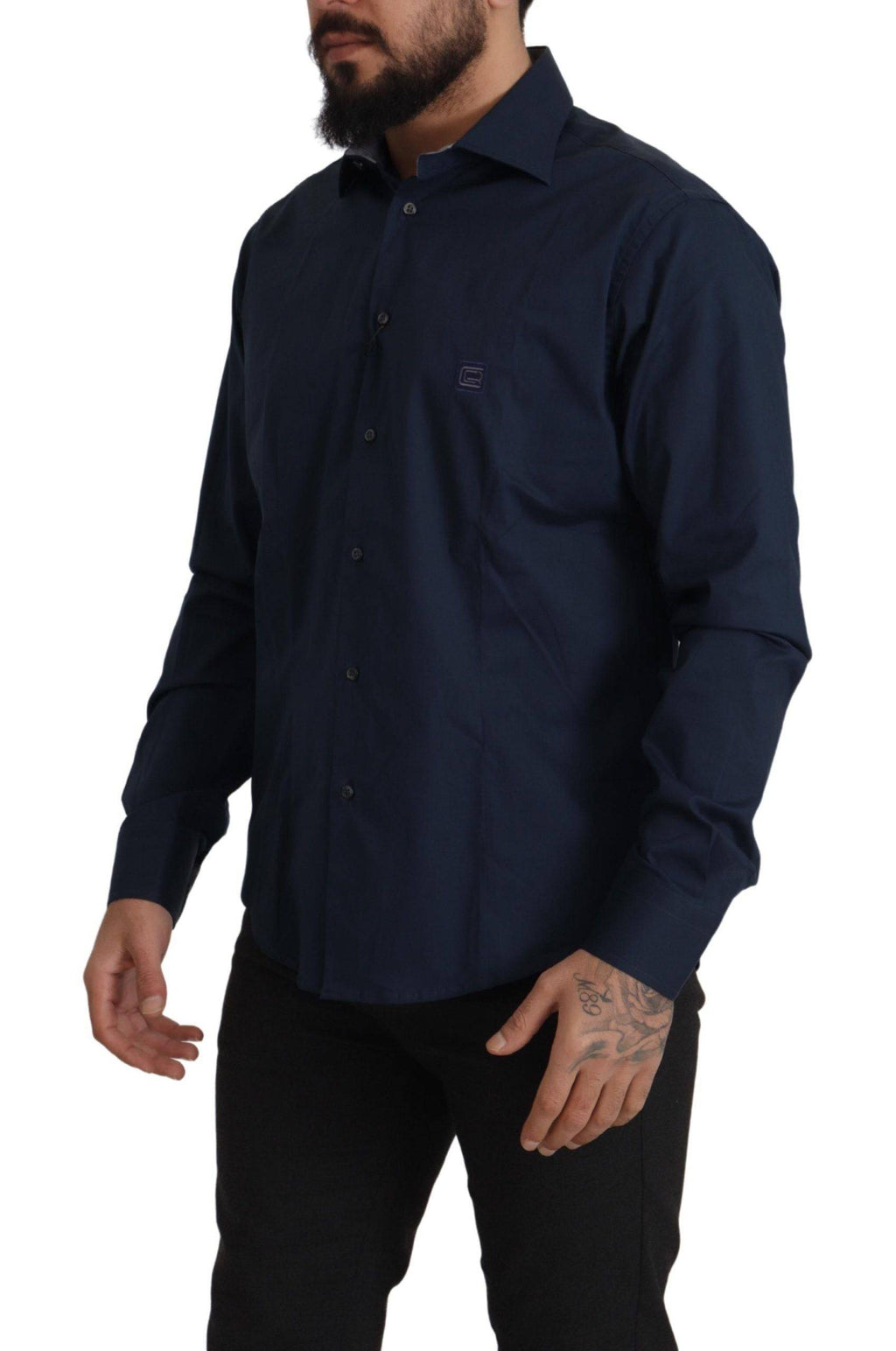 Chemise formelle en coton bleu marine Roberto Cavalli, élégante et sophistiquée, avec col classique et boutons visibles.