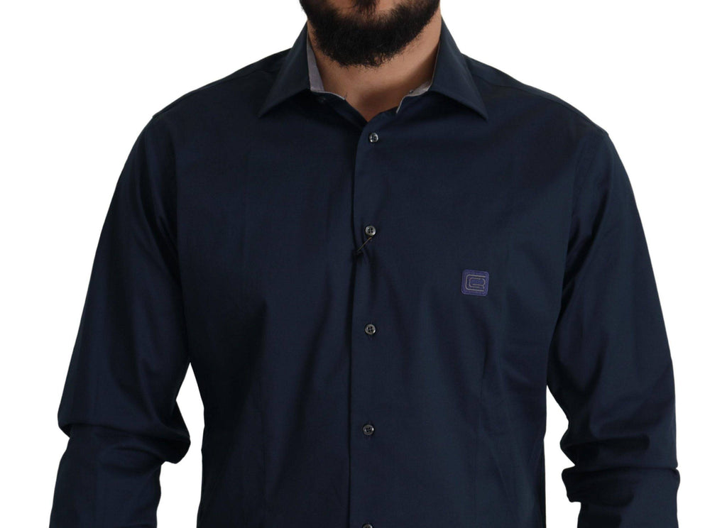 Chemise formelle en coton bleu marine de Roberto Cavalli, costume élégant pour homme.