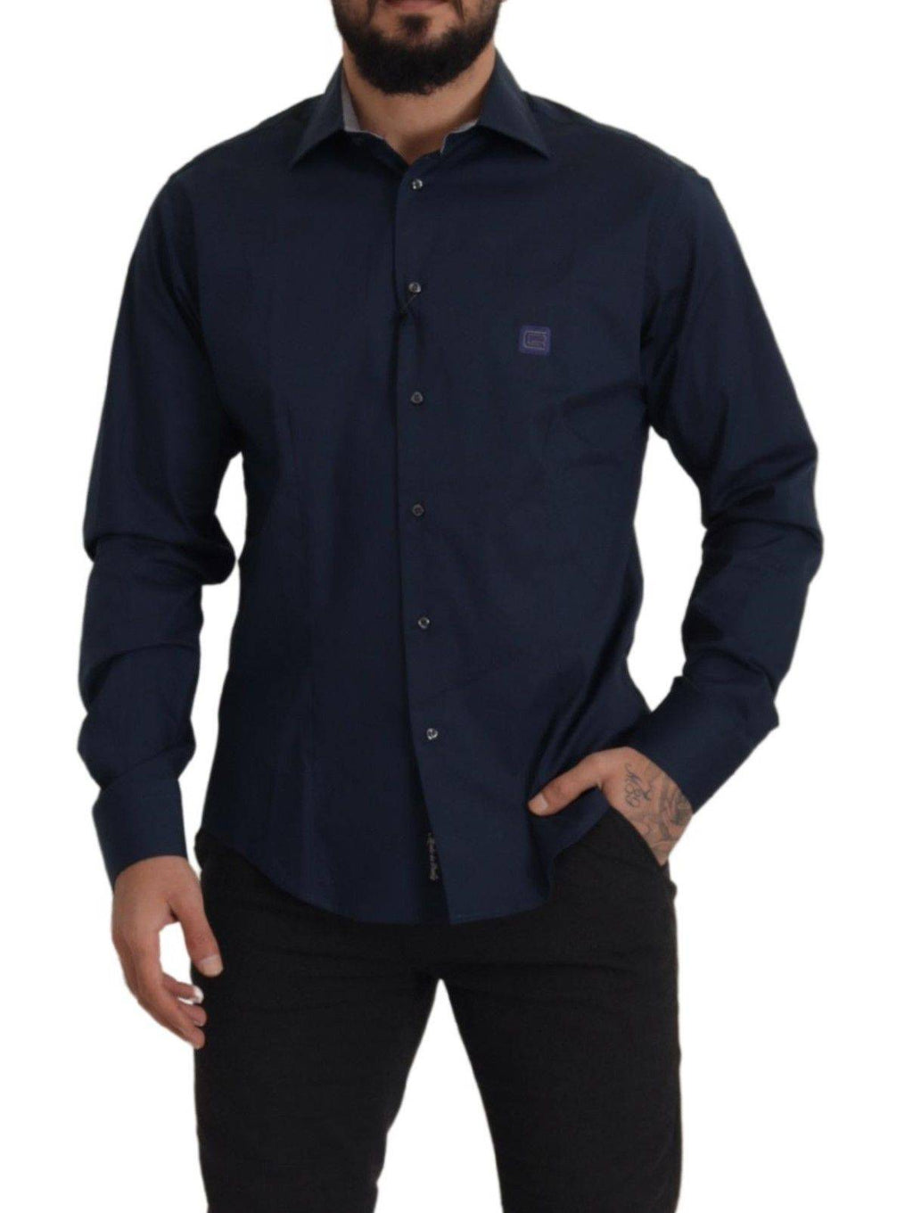 Chemise formelle en coton bleu marine de Roberto Cavalli, vêtement élégant avec col et boutons visibles.