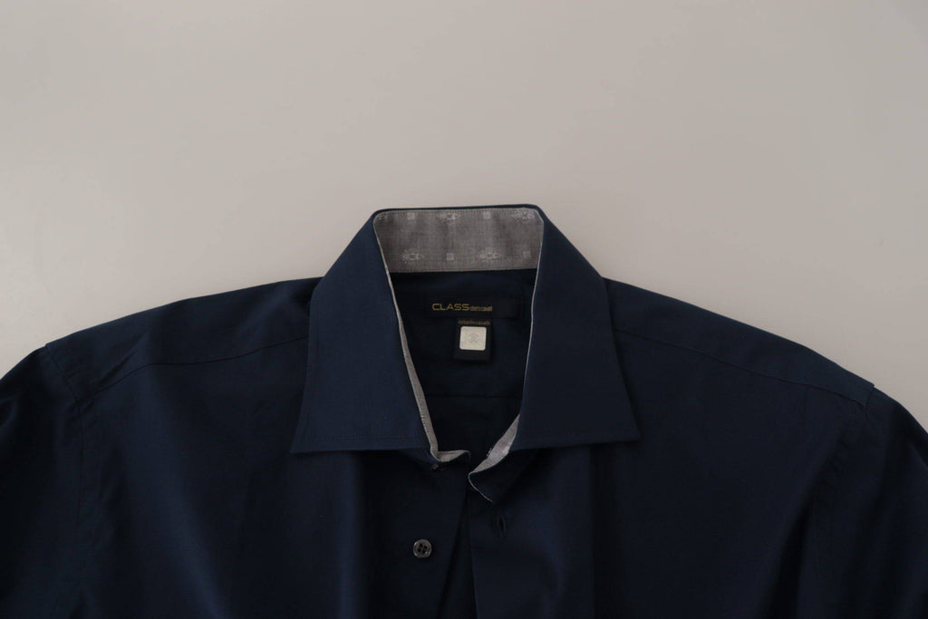 Chemise formelle en coton bleu marine de Roberto Cavalli, vêtement élégant avec col et boutons visibles.