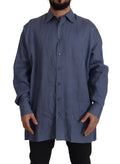 Chemise formelle homme Dolce & Gabbana en lin bleu foncé, coupe slim, élégante et sophistiquée.