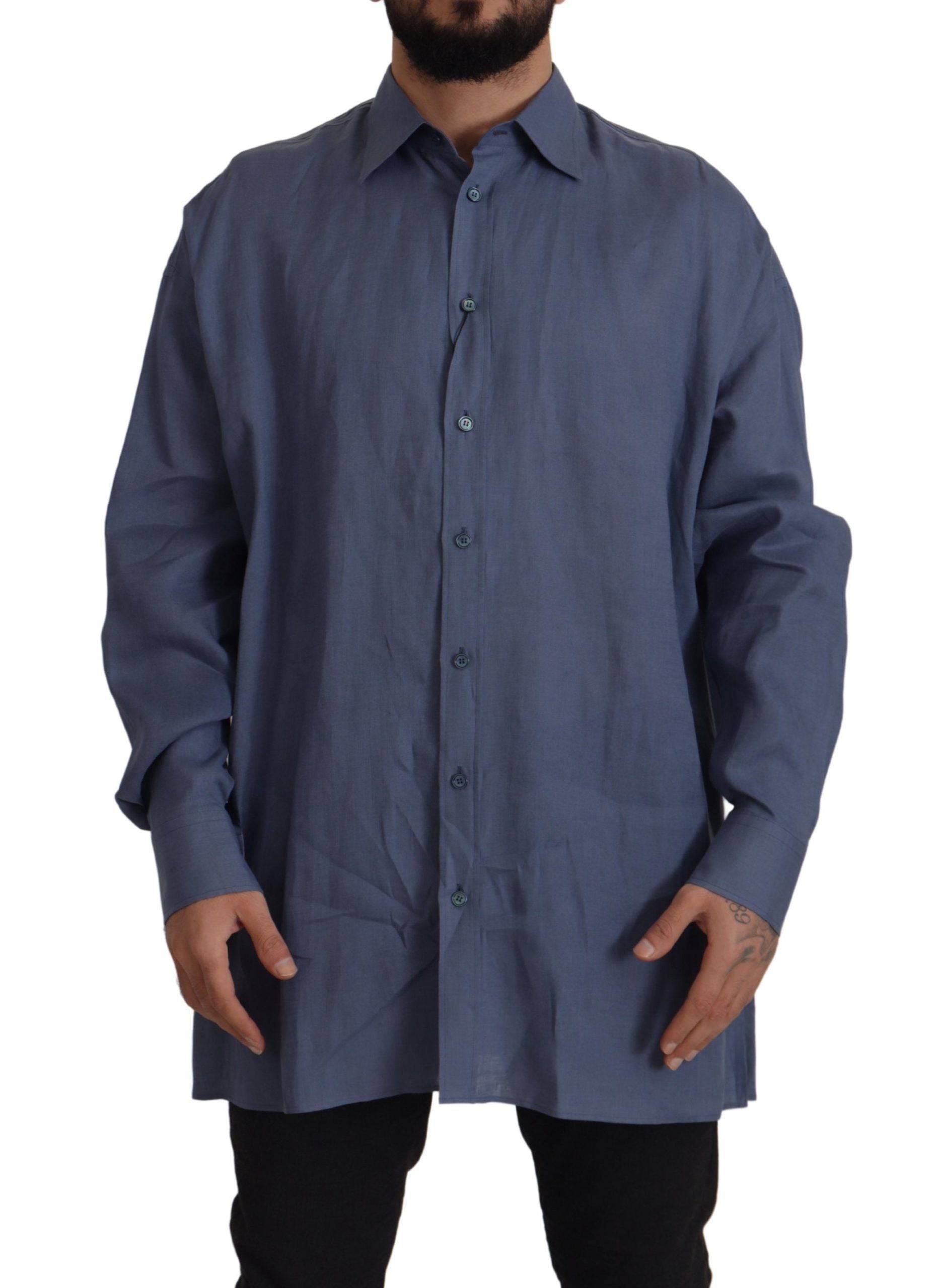 Chemise formelle homme Dolce & Gabbana en lin bleu foncé, coupe slim, élégante et sophistiquée.