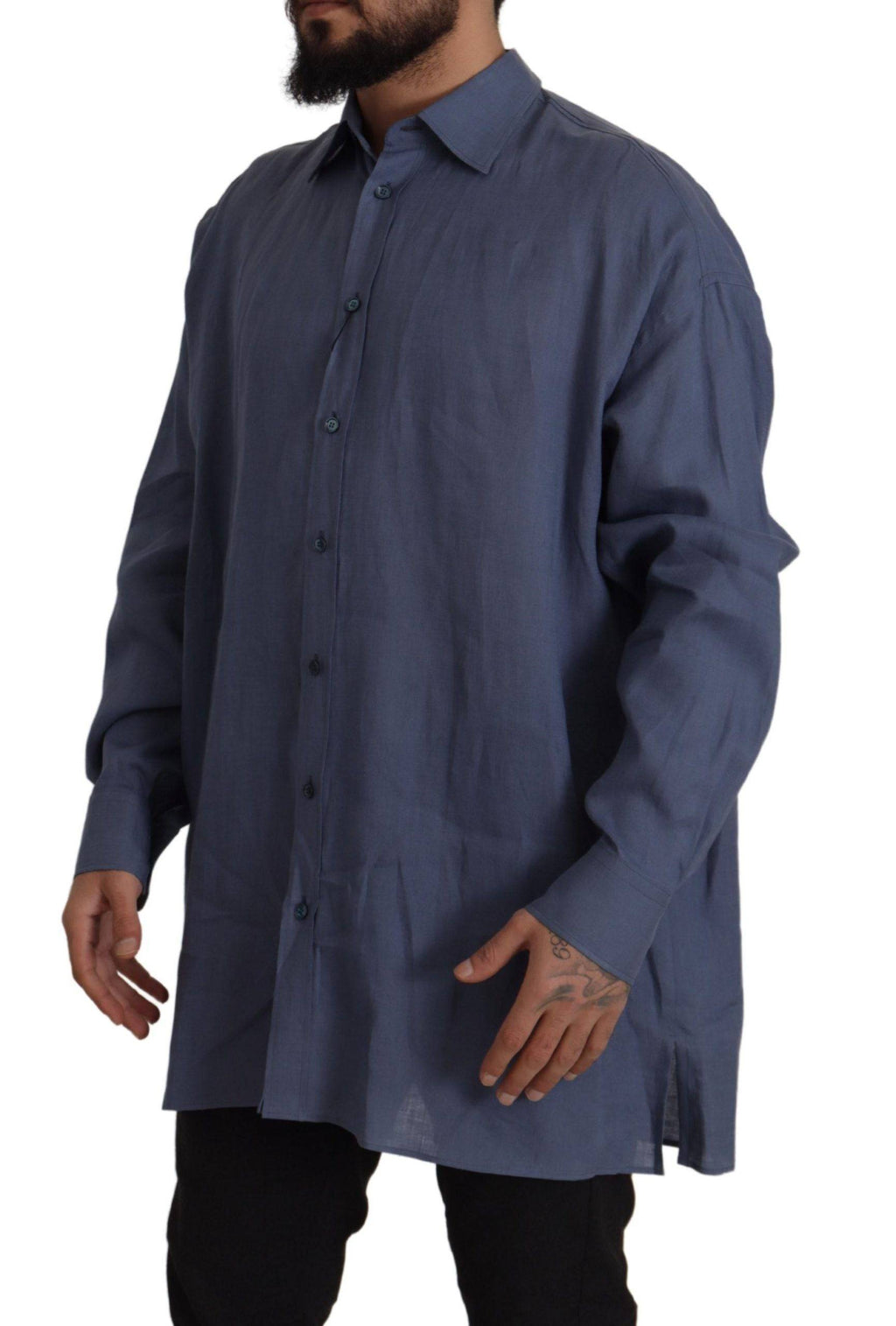 Chemise homme Dolce & Gabbana en lin bleu foncé, coupe ajustée, style formel pour occasions élégantes.