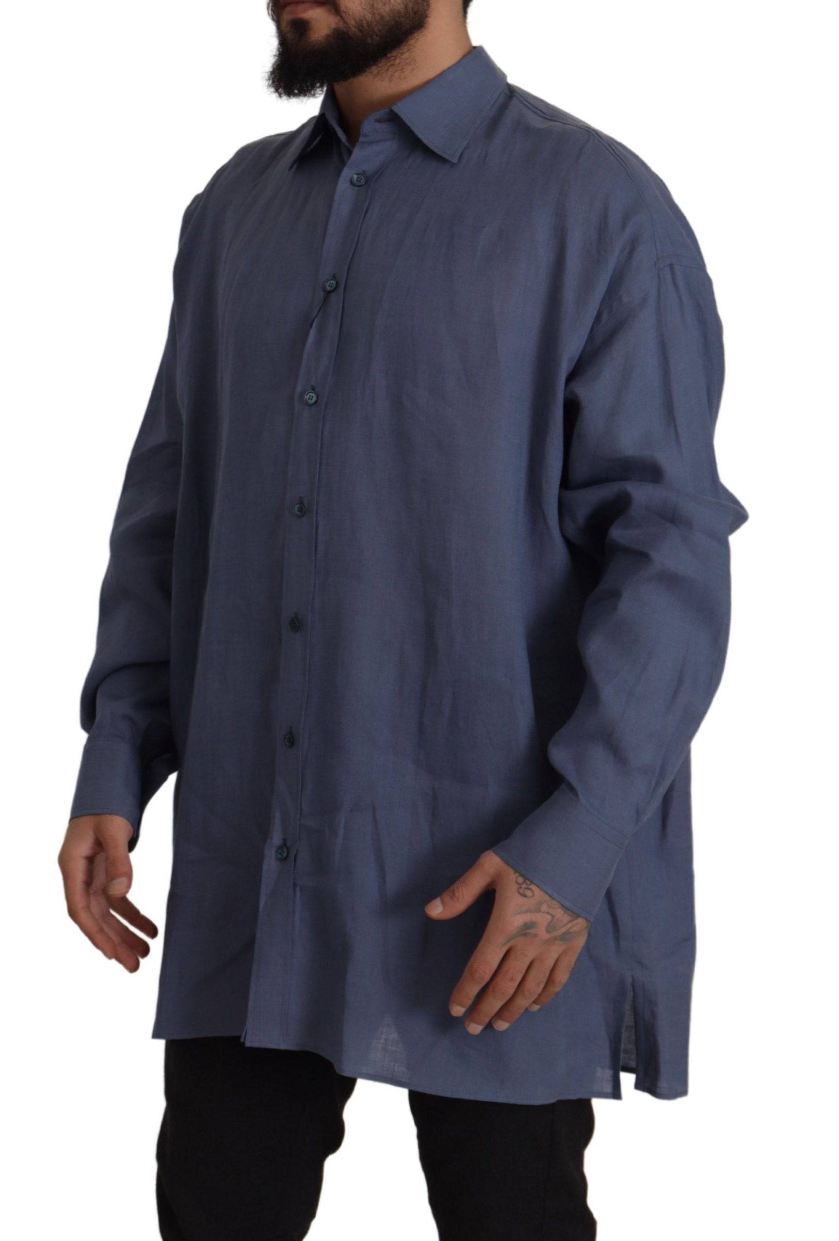 Chemise homme Dolce & Gabbana en lin bleu foncé, coupe ajustée, style formel pour occasions élégantes.