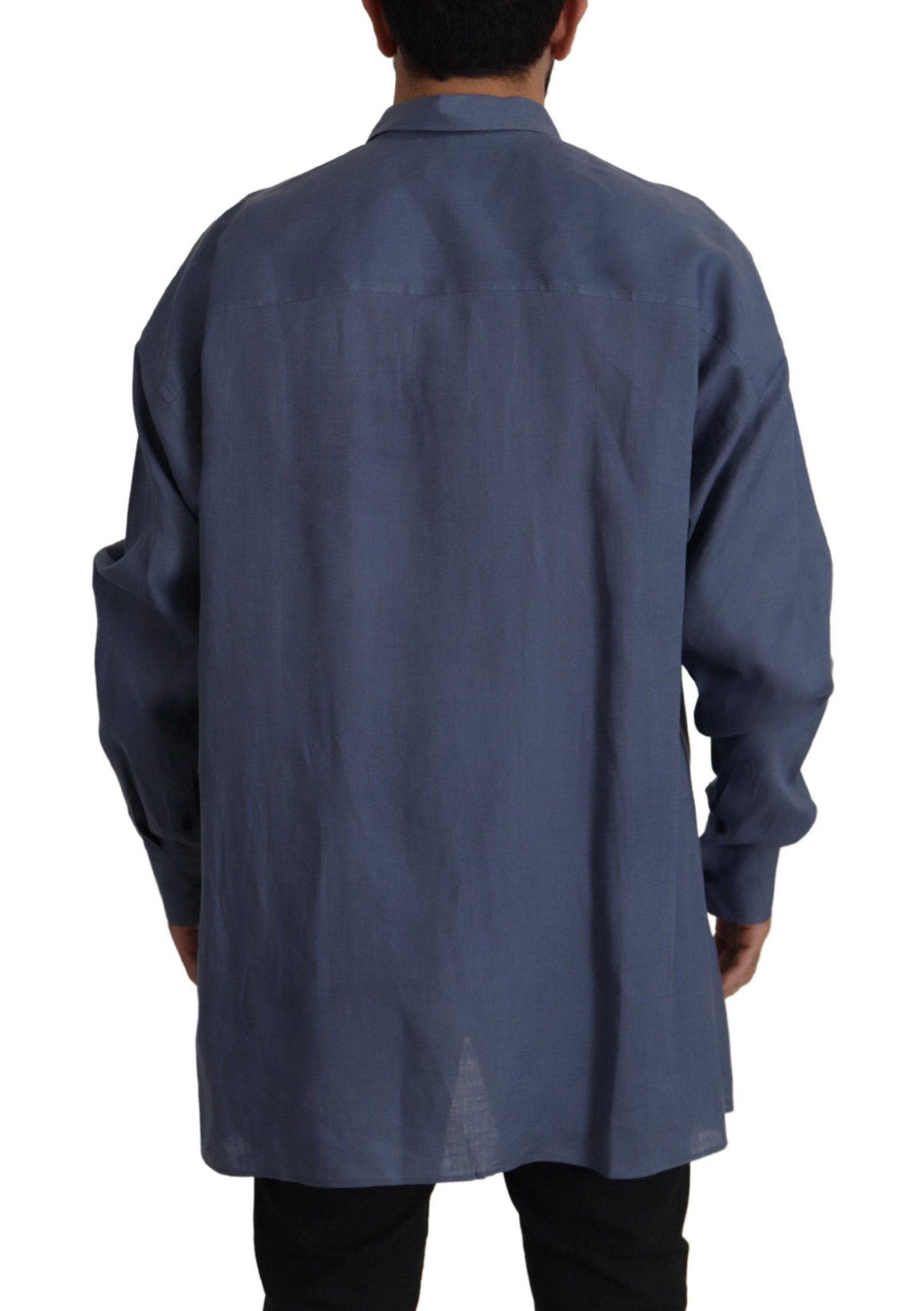 Chemise homme Dolce & Gabbana en lin bleu foncé, coupe slim, robe formelle, détail élégant et tissu léger.