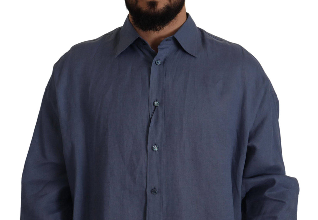 Chemise formelle homme en lin bleu foncé de Dolce & Gabbana, coupe slim fit, élégante et sophistiquée.
