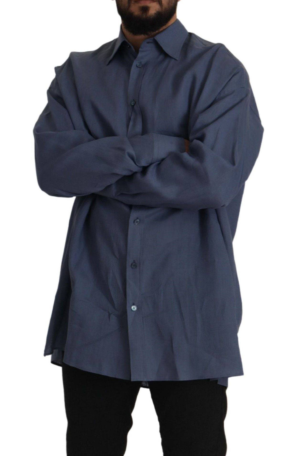 Chemise formelle homme Dolce & Gabbana en lin bleu foncé, coupe slim, style élégant et moderne.