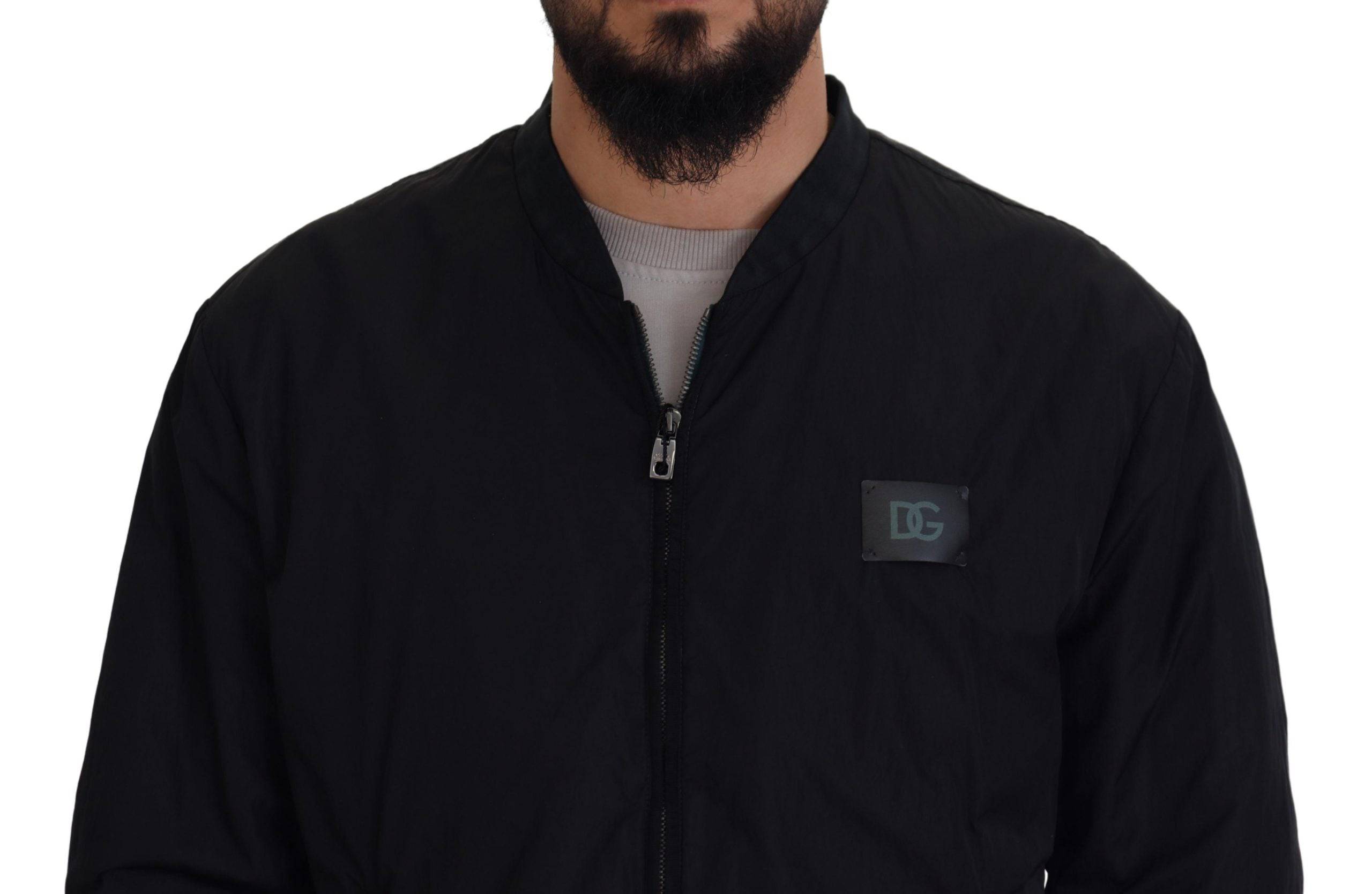 Veste bomber noire en nylon Dolce & Gabbana avec logo, fermeture éclair et design moderne.