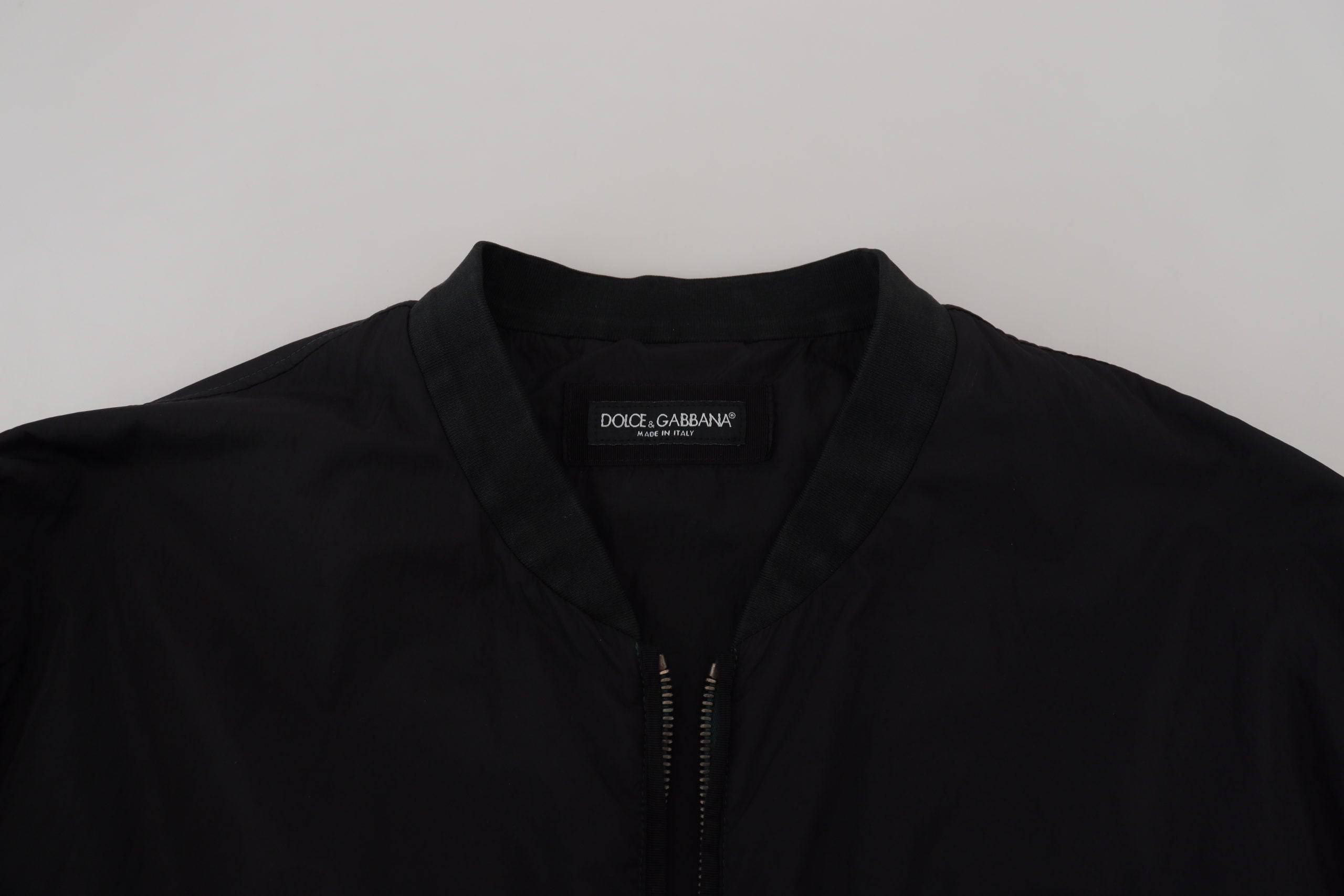 Veste bomber noire en nylon avec logo Dolce & Gabbana et fermeture éclair, style moderne et élégant.