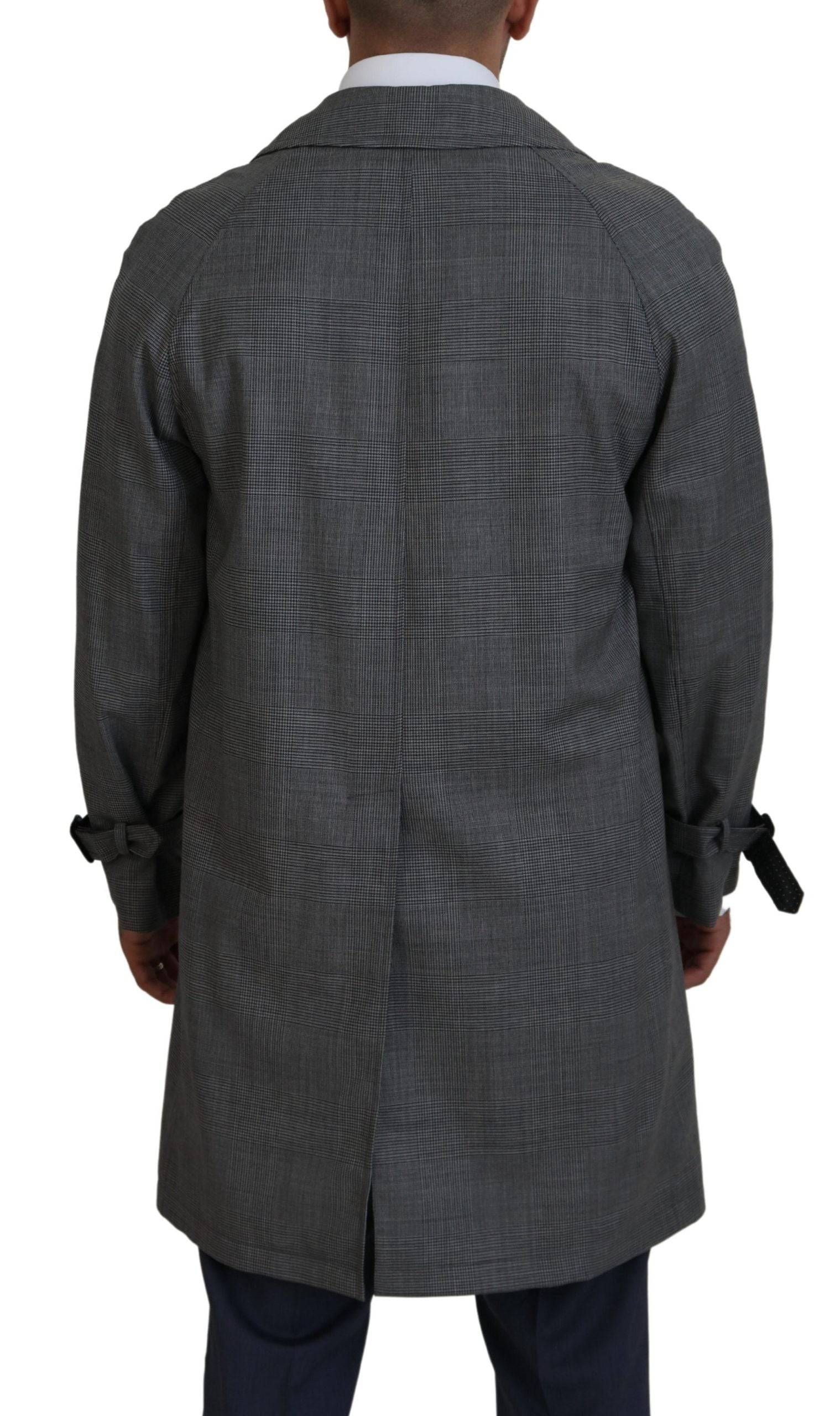 Manteau trench long en laine gris à carreaux de Dolce & Gabbana, veste élégante et chaude pour l'automne et l'hiver.