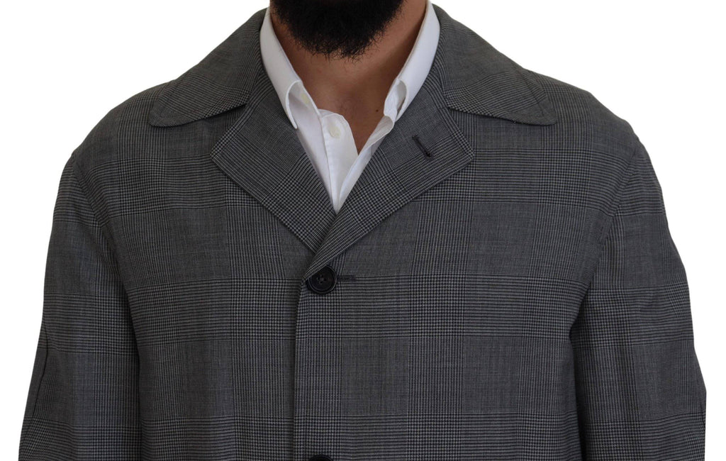 Manteau trench long en laine grise à carreaux Dolce & Gabbana, veste élégante avec ceinture et col classique.