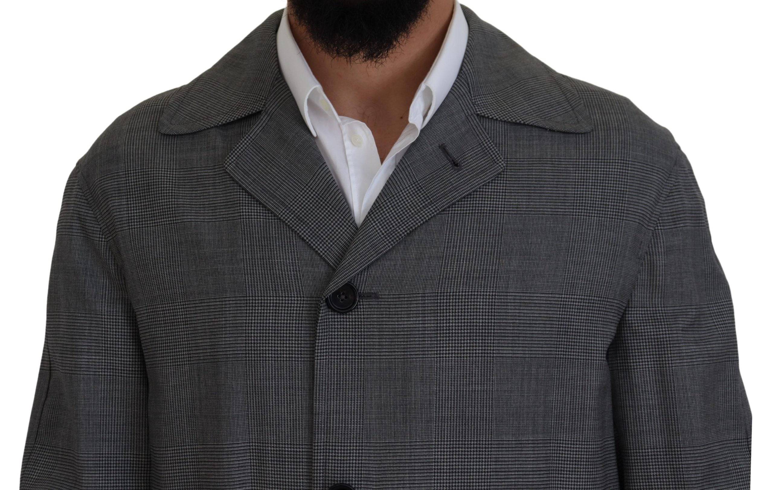 Manteau trench long en laine grise à carreaux Dolce & Gabbana, veste élégante avec ceinture et col classique.