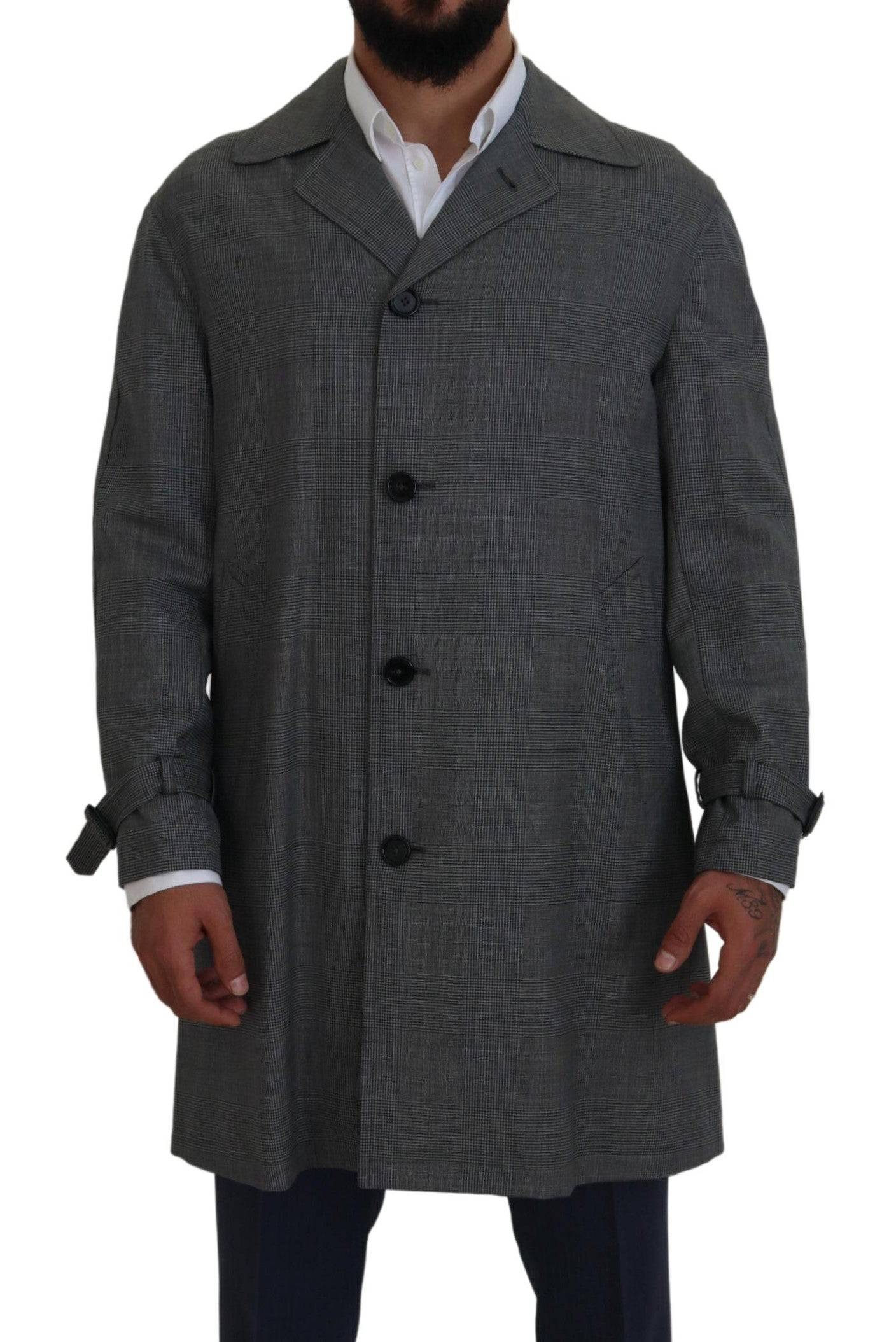 Manteau trench long en laine grise à carreaux de Dolce & Gabbana, veste élégante pour femme.