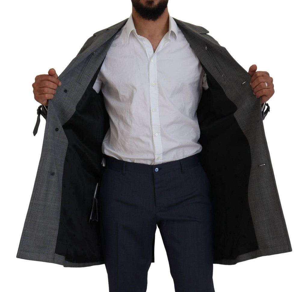 Manteau trench long en laine gris à carreaux de Dolce & Gabbana, veste élégante avec ceinture et col classic.