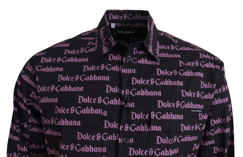 Chemise formelle Dolce & Gabbana Slim avec logo noir et violet, tissu élégant et coupe ajustée.