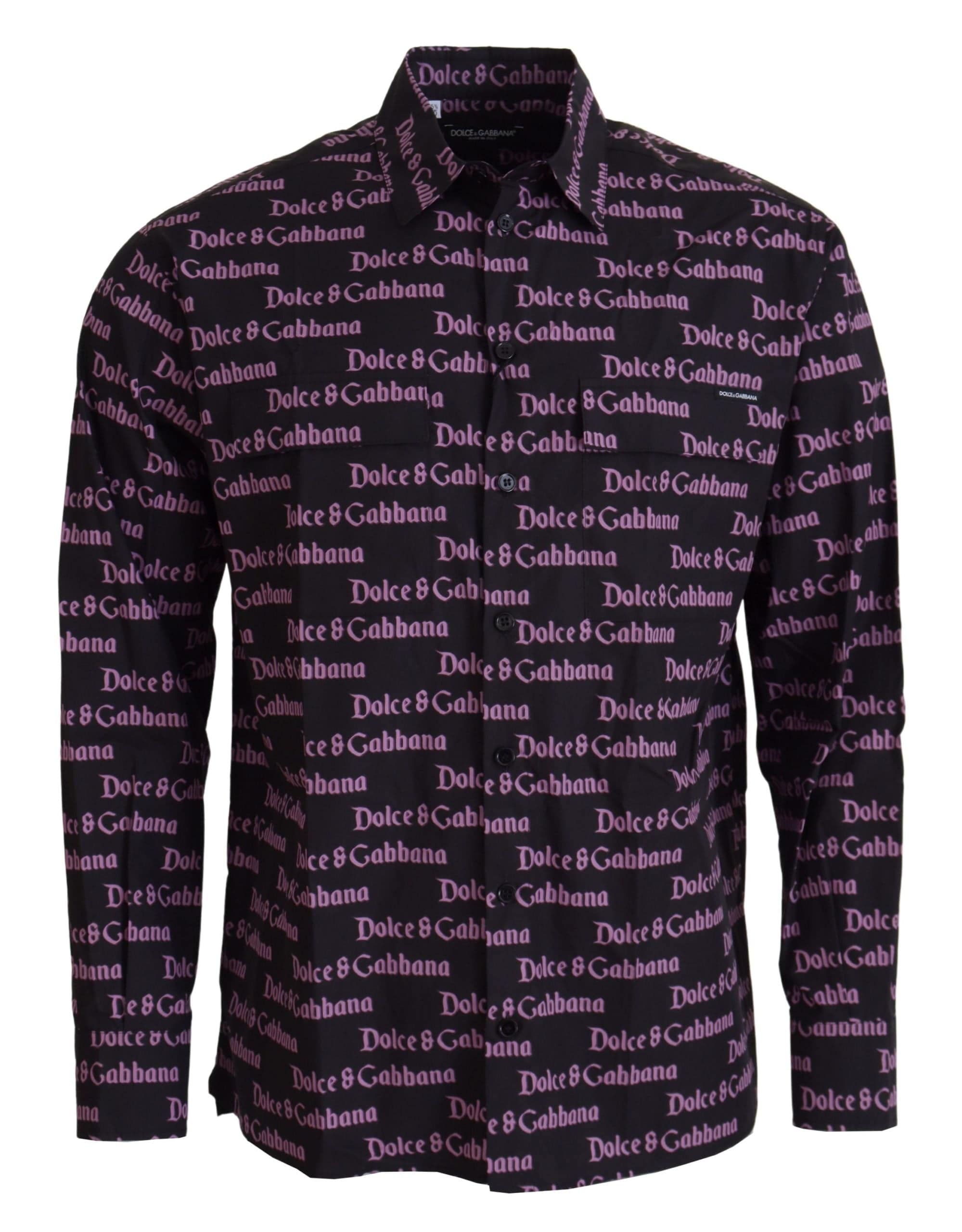 Chemise formelle noire et violette Dolce & Gabbana avec logo slim, élégante et ajustée, visible sur la photo.