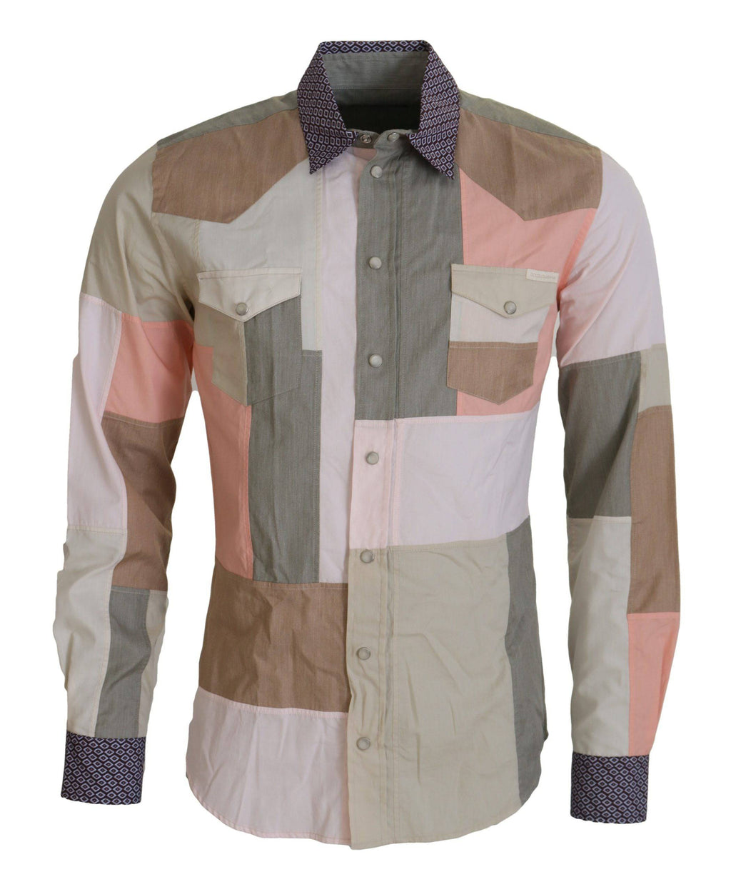 Chemise slim en coton patchwork multicolore de Dolce & Gabbana, style élégant avec motifs variés, vue en gros plan.