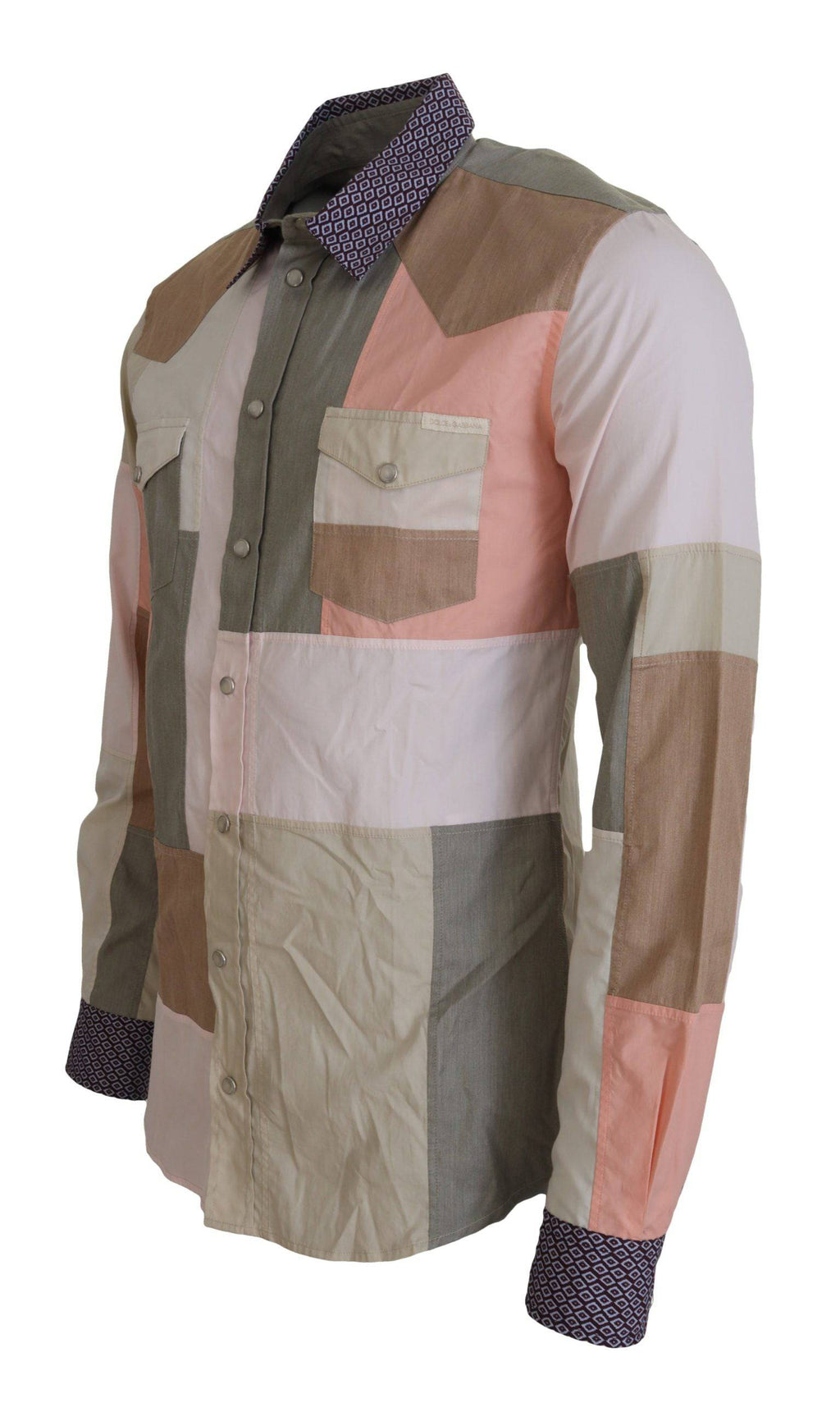 Chemise Slim en coton patchwork multicolore de Dolce & Gabbana, détail tissu coloré et design moderne.