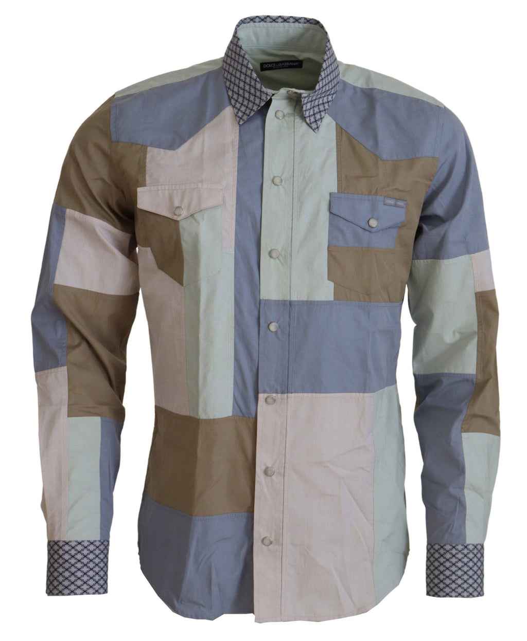 Chemise slim Dolce & Gabbana en coton patchwork multicolore avec motifs colorés et détails élégants.