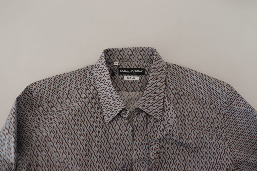 Chemise formelle Dolce & Gabbana gris brun avec détails dorés et coupe slim, vue de face sur fond neutre.