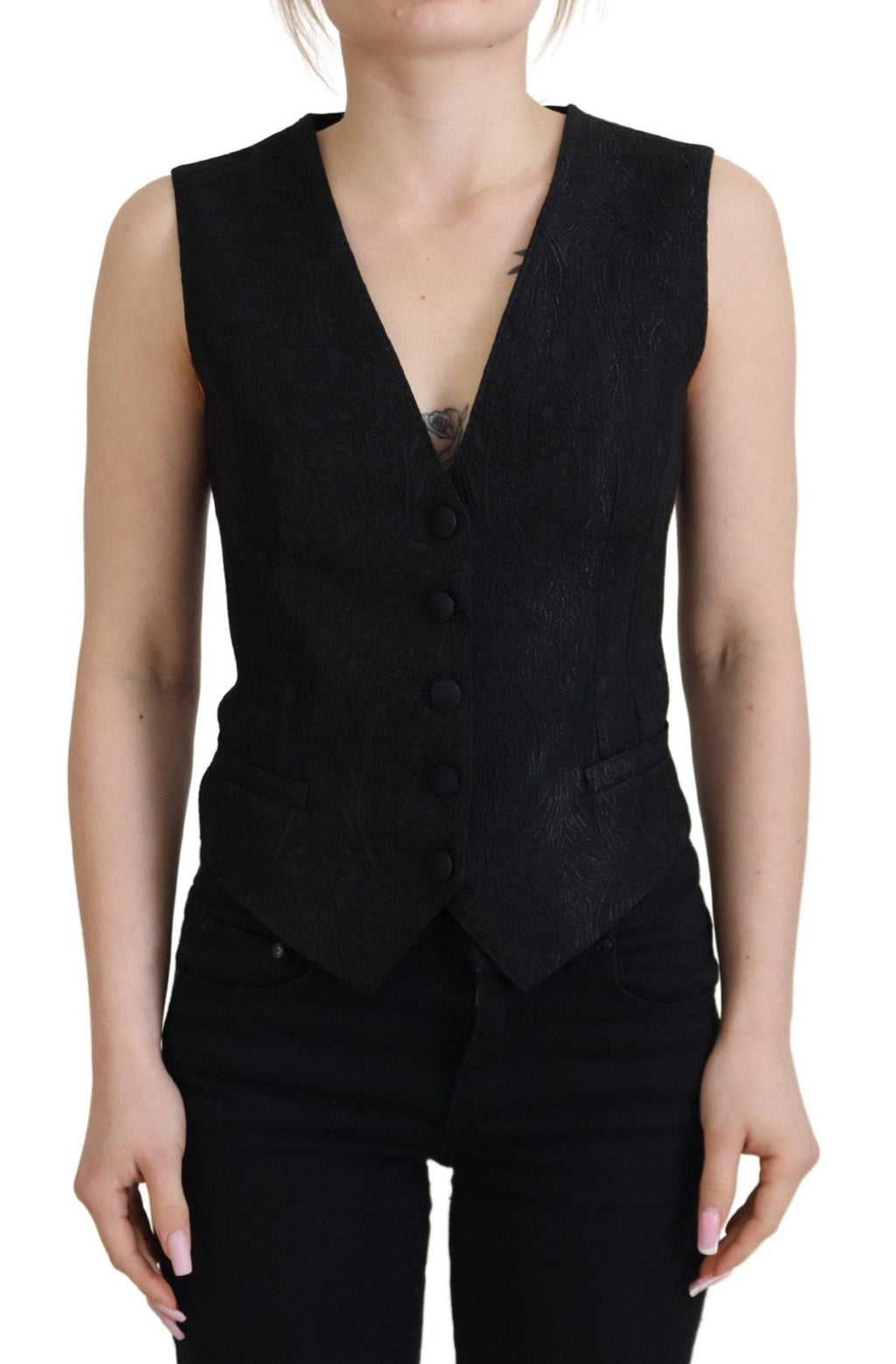 Veste sans manches Dolce & Gabbana en brocart noir avec boutons, élégante et sophistiquée.