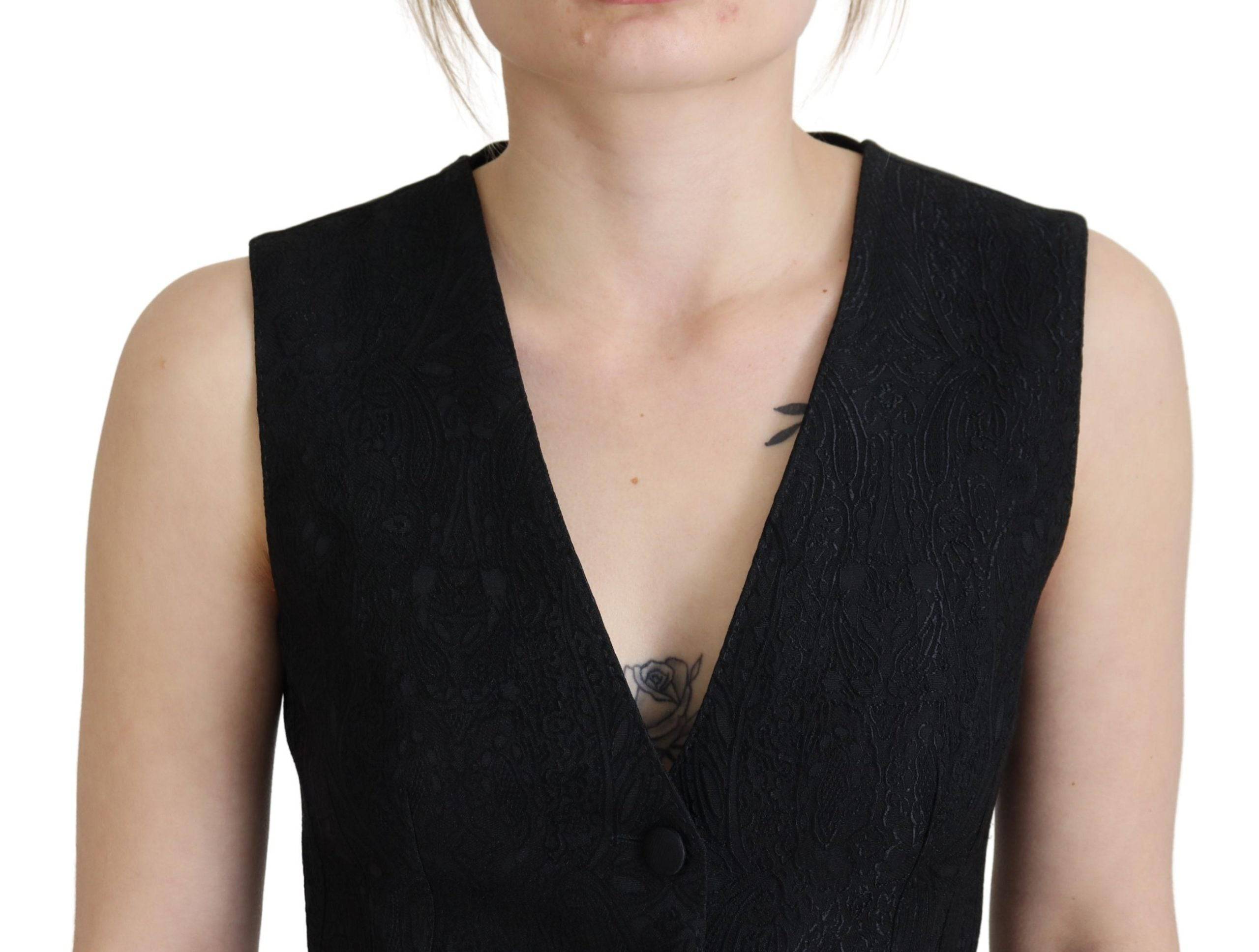 Veste sans manches Dolce & Gabbana en brocart noir avec boutons, élégante et sophistiquée, vue de face.