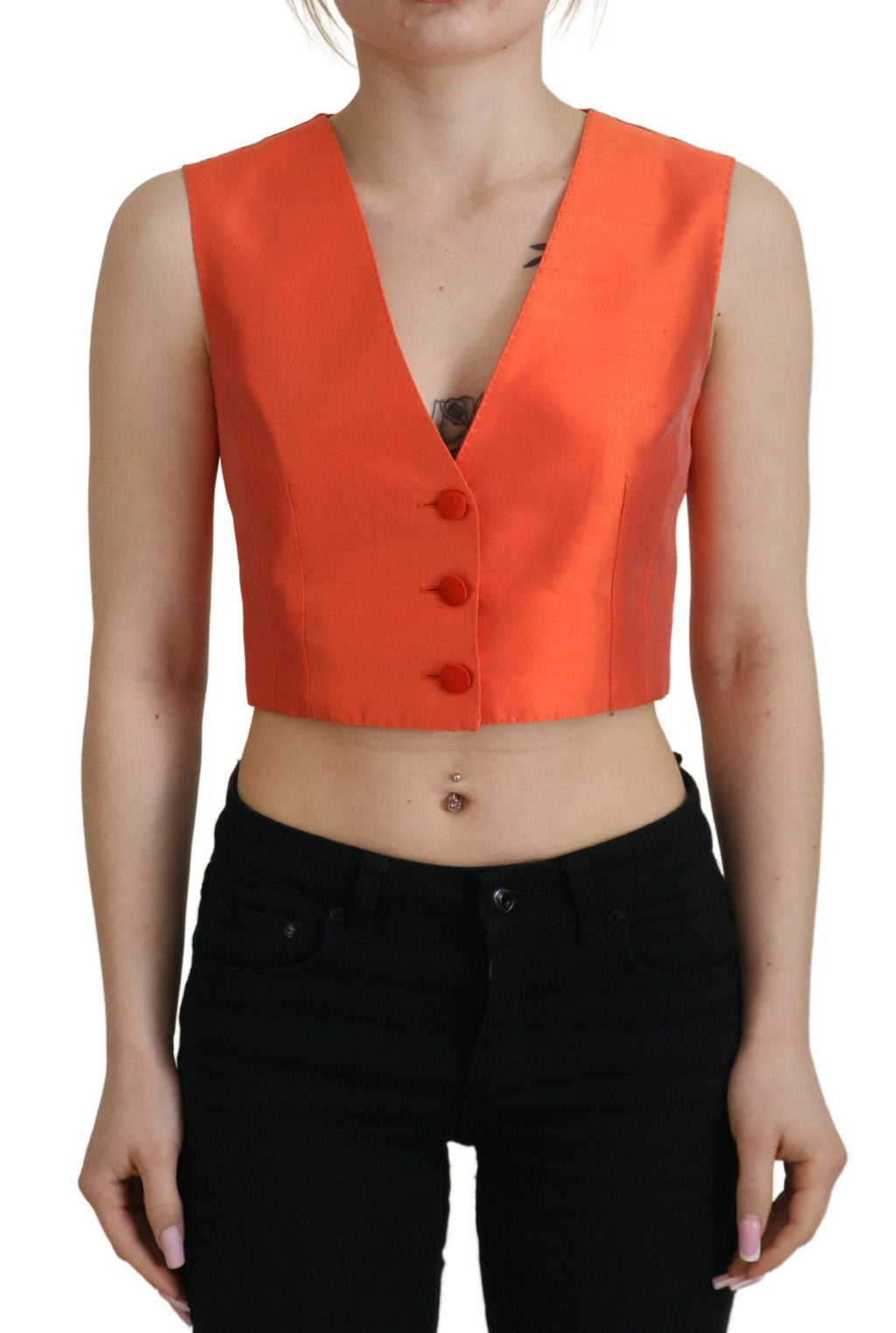 Gilet sans manches orange Dolce & Gabbana, coupe cropped, veste cintrée en tissu léger, style élégant et moderne.