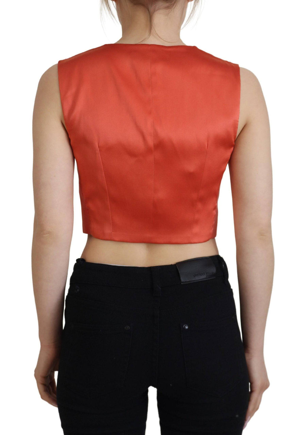 Gilet sans manches orange Dolce & Gabbana, coupe cropped, veste cintrée élégante pour femme, en tissu léger.
