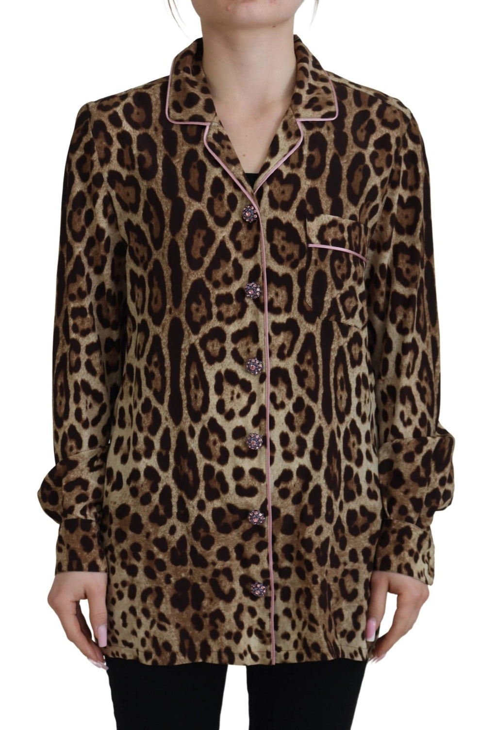 Chemise à manches longues Dolce & Gabbana à imprimé léopard marron, élégant haut en tissu léger.