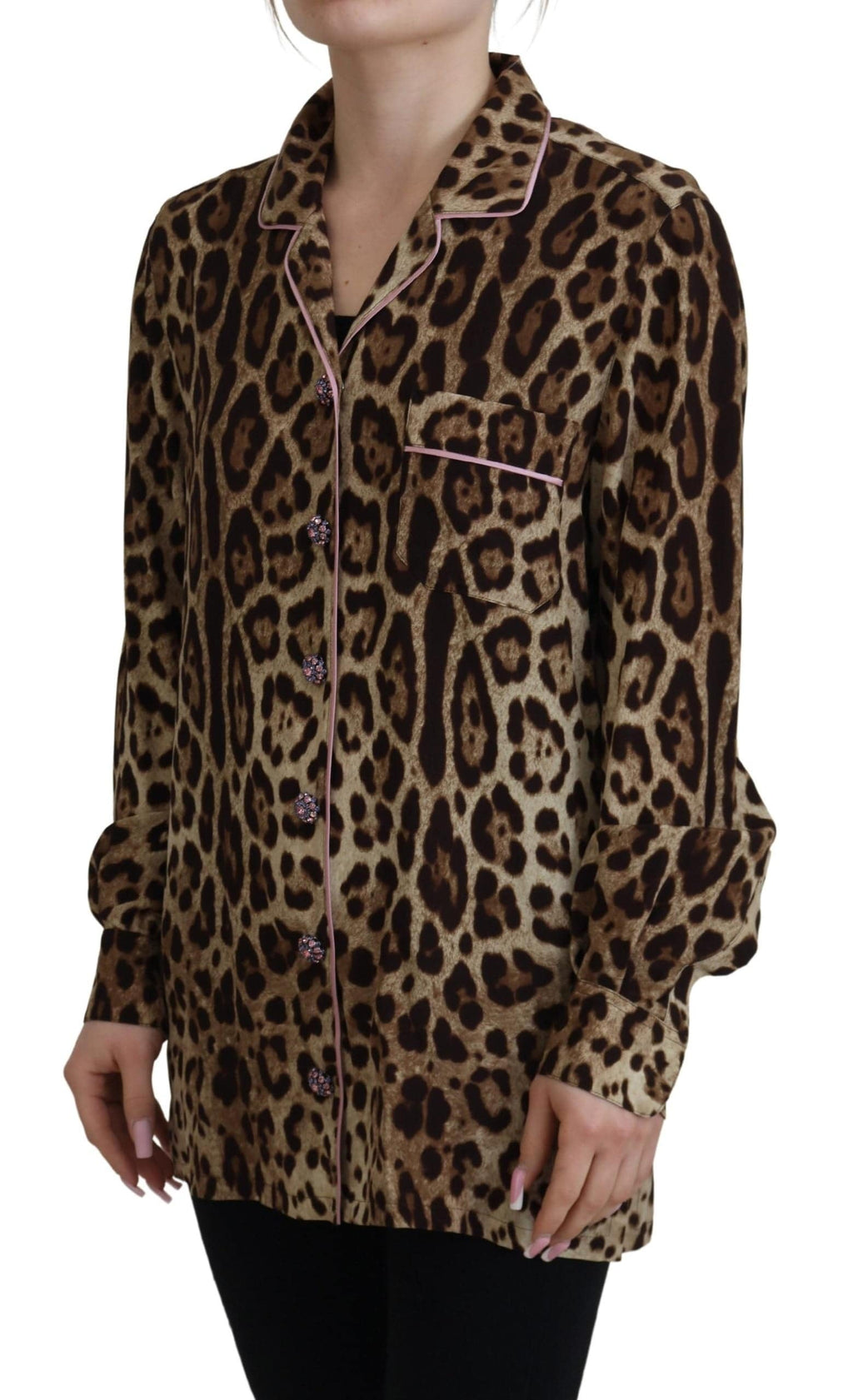 Chemise Dolce & Gabbana à manches longues avec motif léopard brun, style élégant et tendance.