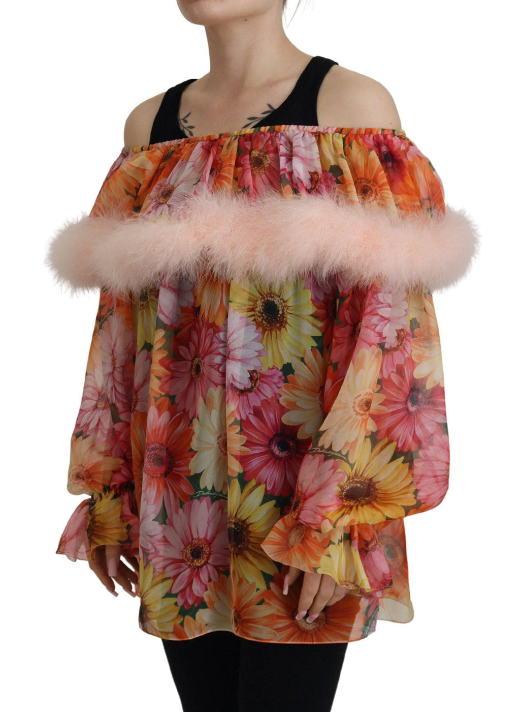 Blouse Dolce & Gabbana multicolore à fleurs en fourrure et shearling, style élégant et texturé pour un look sophistiqué.