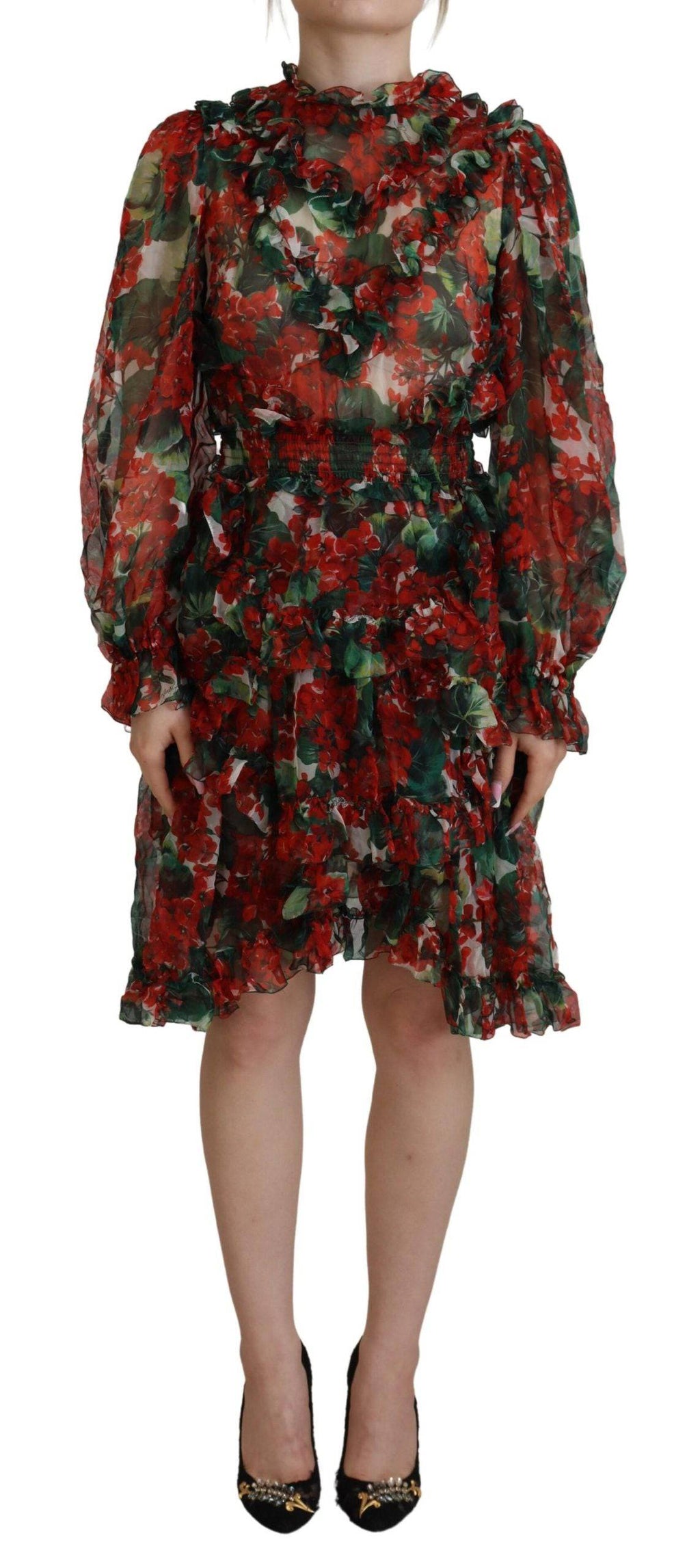 Robe en ligne A à genoux Dolce & Gabbana multicolore avec motifs de géraniums, style élégant et coloré.