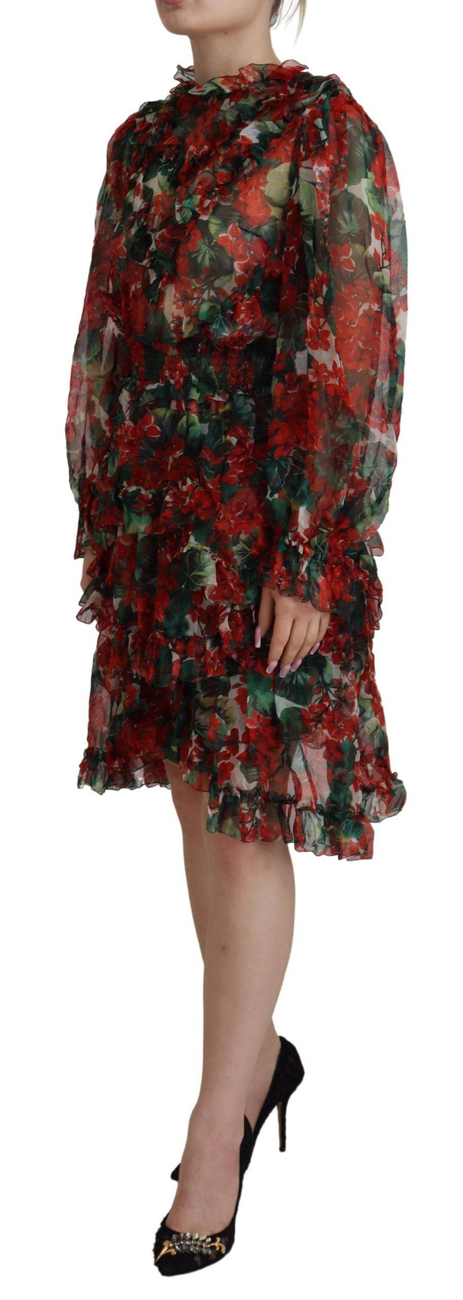 Robe Dolce & Gabbana à la ligne A, longueur au genou, motif multicolore de géranium, élégante et fluide.